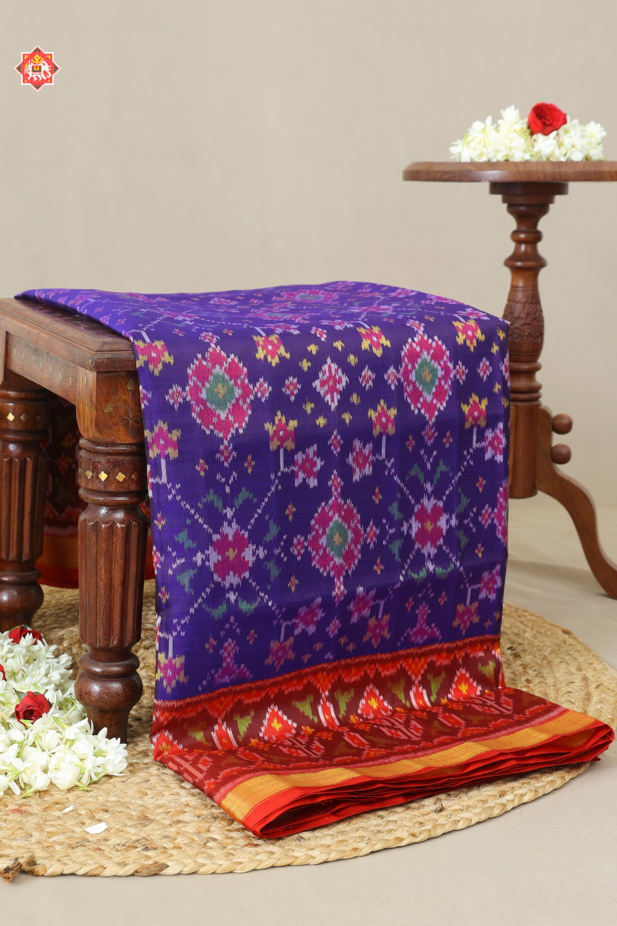 Traditional navratna design with minakari work tissue border single ikat patola
