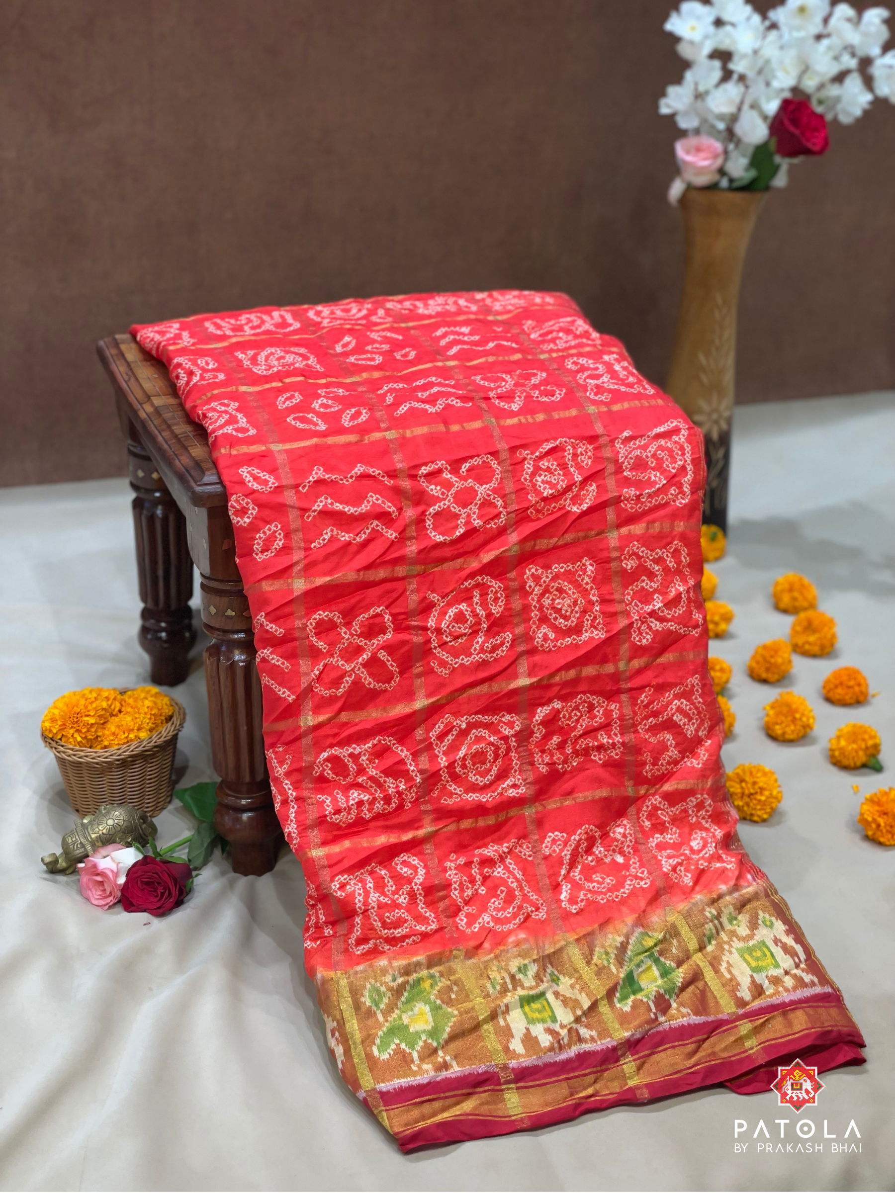 Orange Small Bandhej Patola Saree With Motif Designer Border