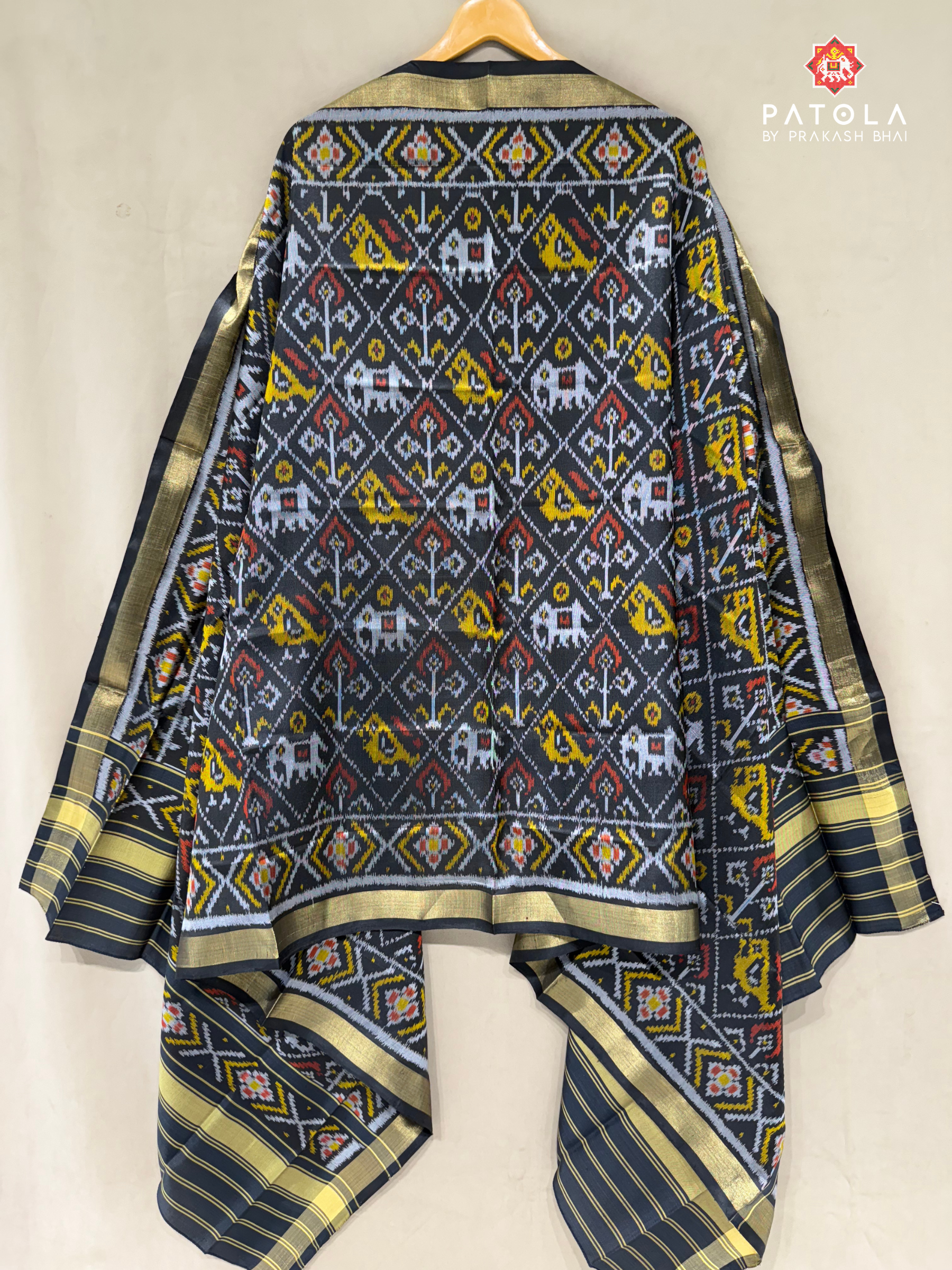Black Hathi Popat Design Single Ikat Patola Dupatta