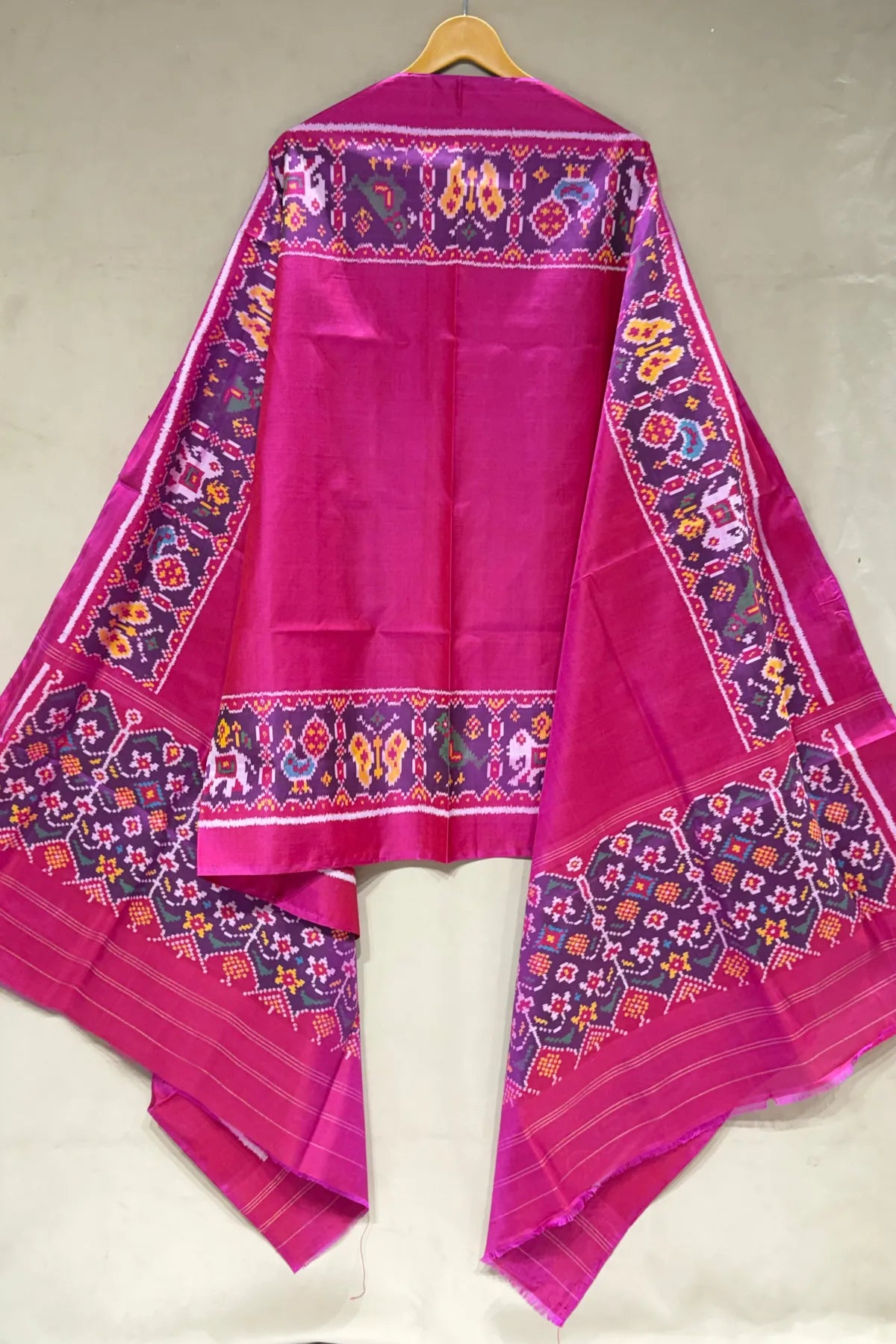 Plain pink with motif design semi double ikat patola dupatta