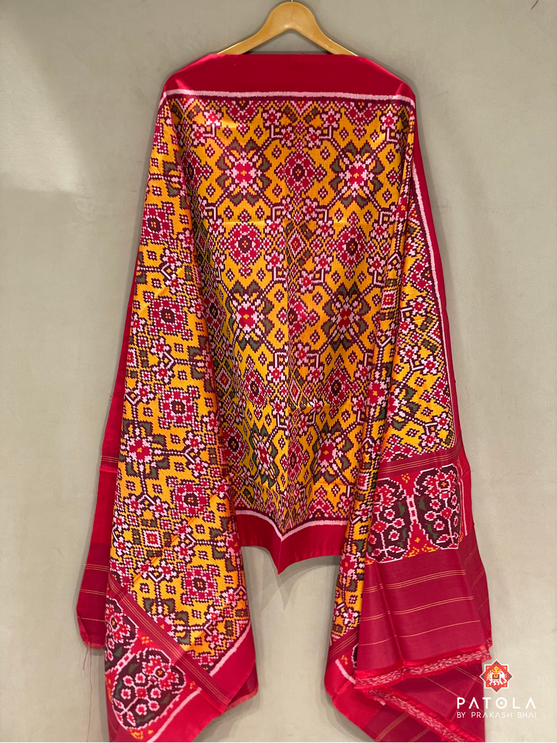 Traditional Yellow Navratna Designer Semi Double Ikat Dupatta