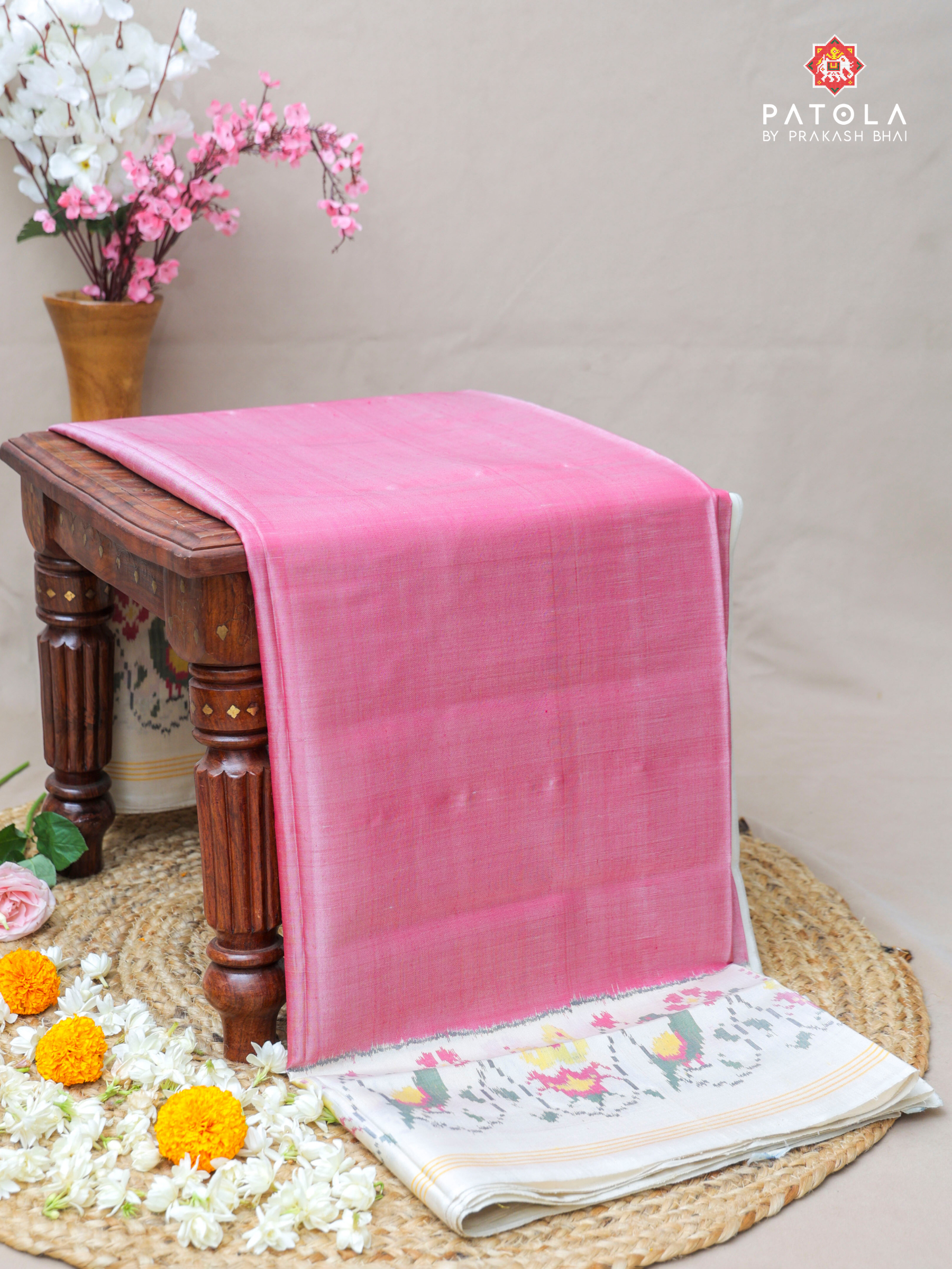 Plain Baby Pink Design With Patola Design Blouse Single Ikat Patola Saree
