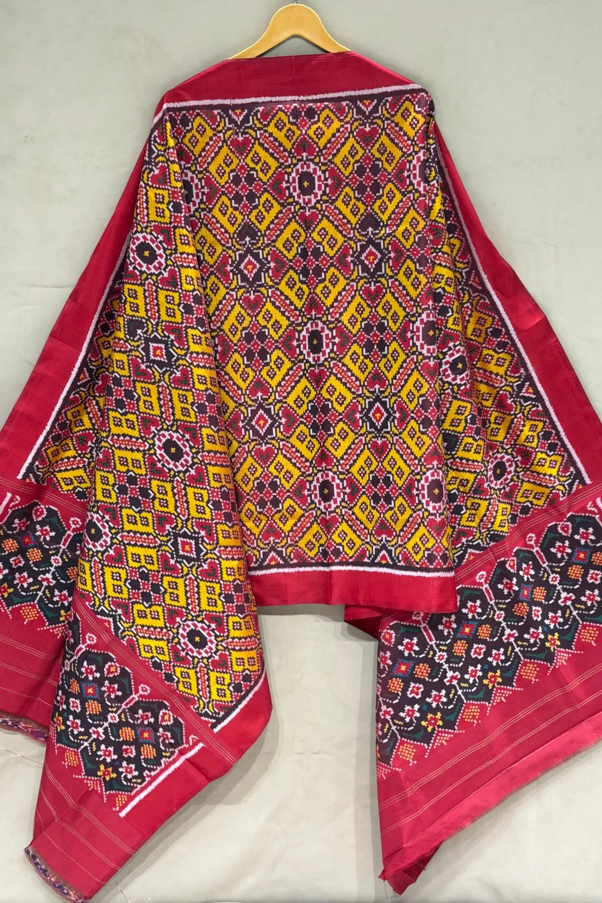 Manek chowk design with minakari work semi double ikat patola dupatta