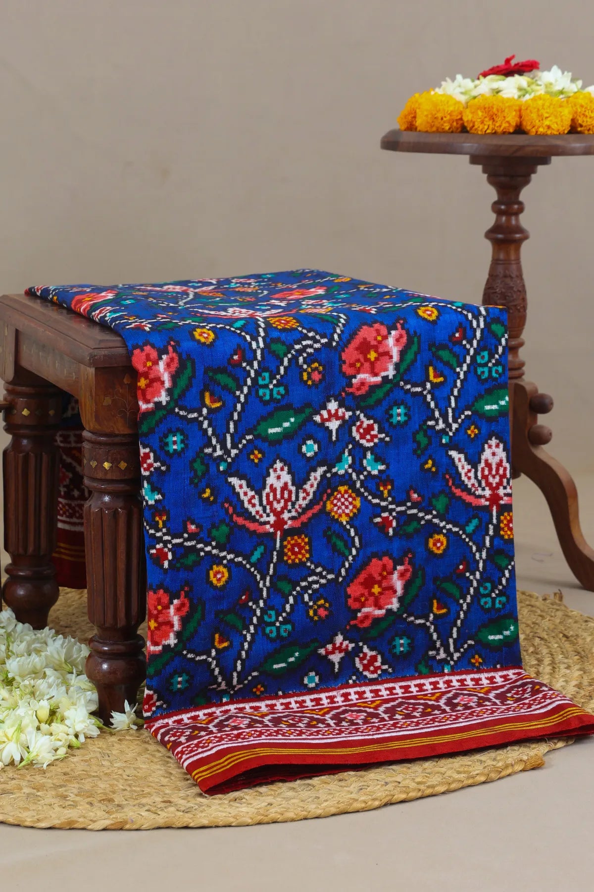 Patan patola traditional master piece rangoli design with border pallu motif design double ikat saree
