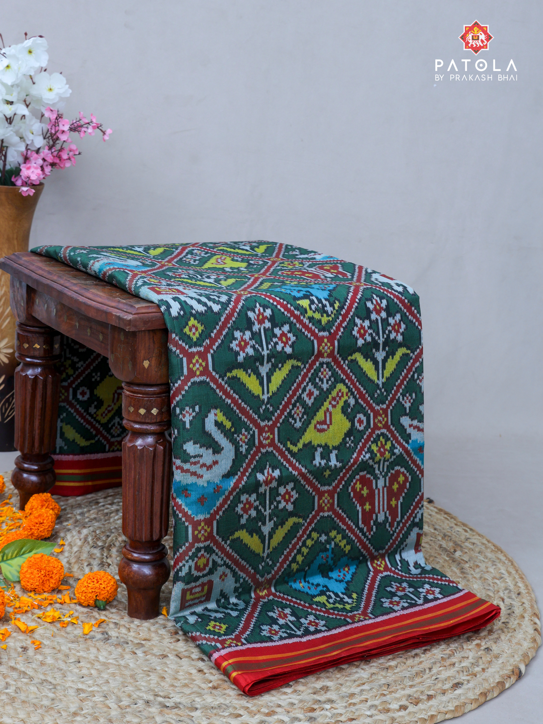 Green Narikunj Adtala Designer Semi Double Ikat Patola Saree