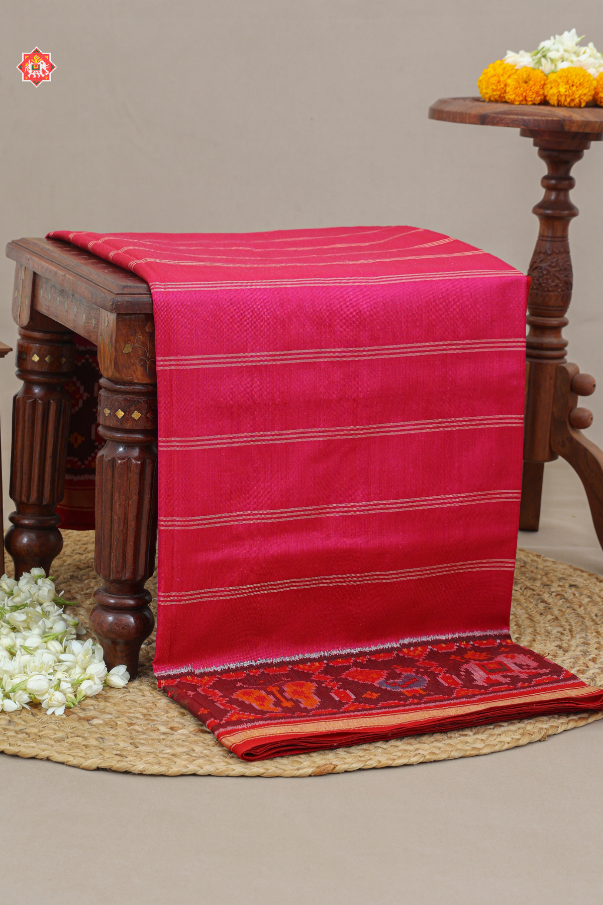 Masterpiece plain rani pink with patola tissue lines design & blouse patola design Semi double ikat patola saree