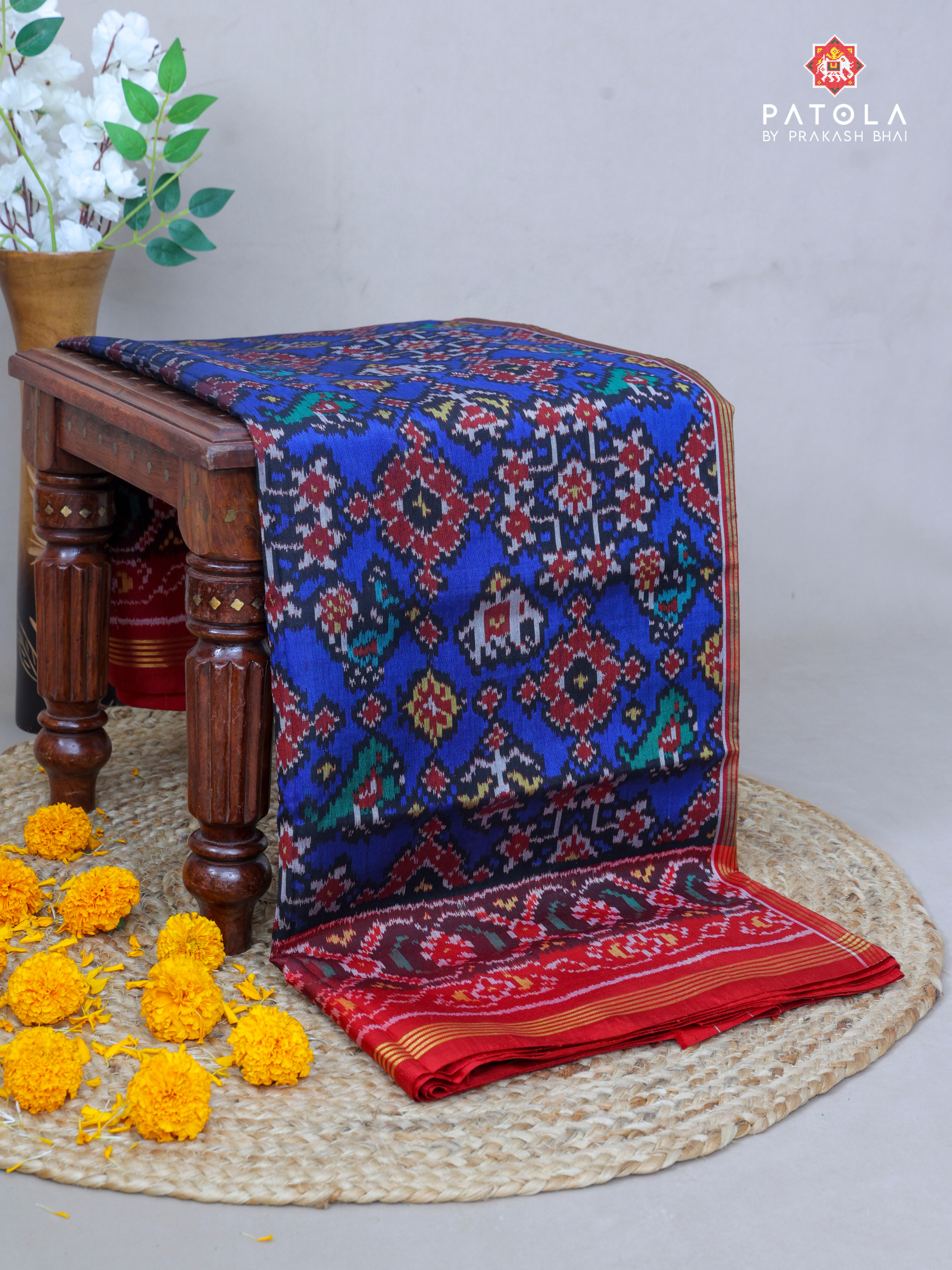 Royal Blue With Red Hathi Popat Design Semi Double Ikat Patola Saree