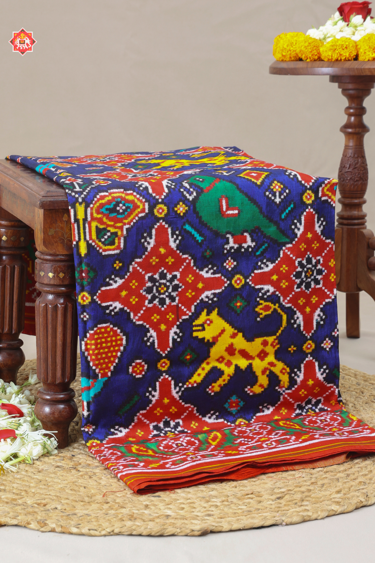 Patan patola  classic royal blue wildlife grid design with heritage motifs pure double ikat patola saree