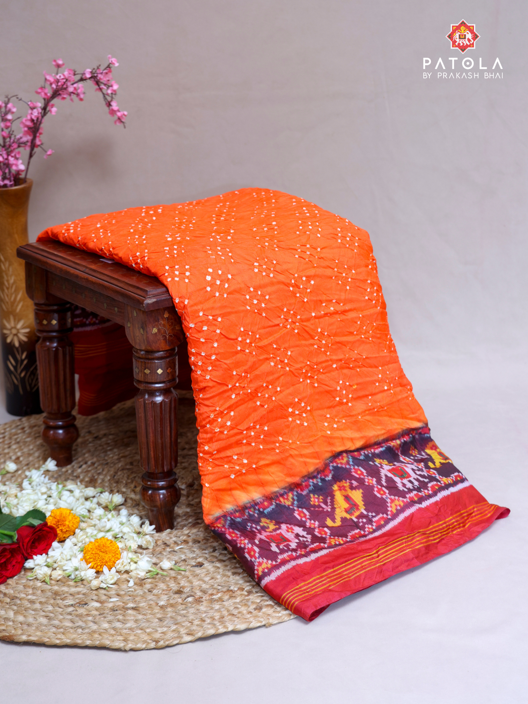Hathi-Popat Border With Orange Small Bandhej Patola Saree