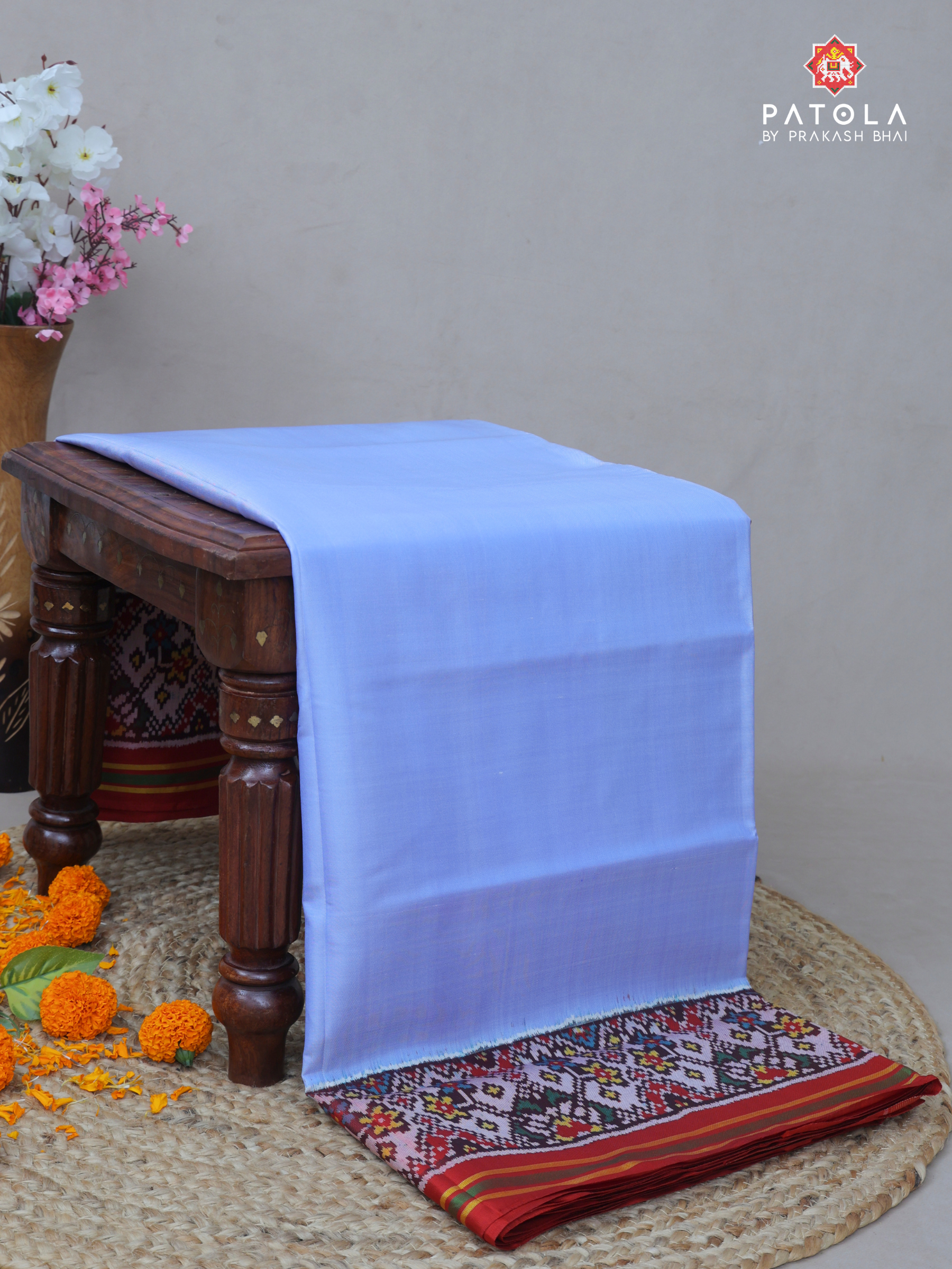 Plain Sky Blue Design With Patola Design Blouse Semi Double Ikat Patola Saree