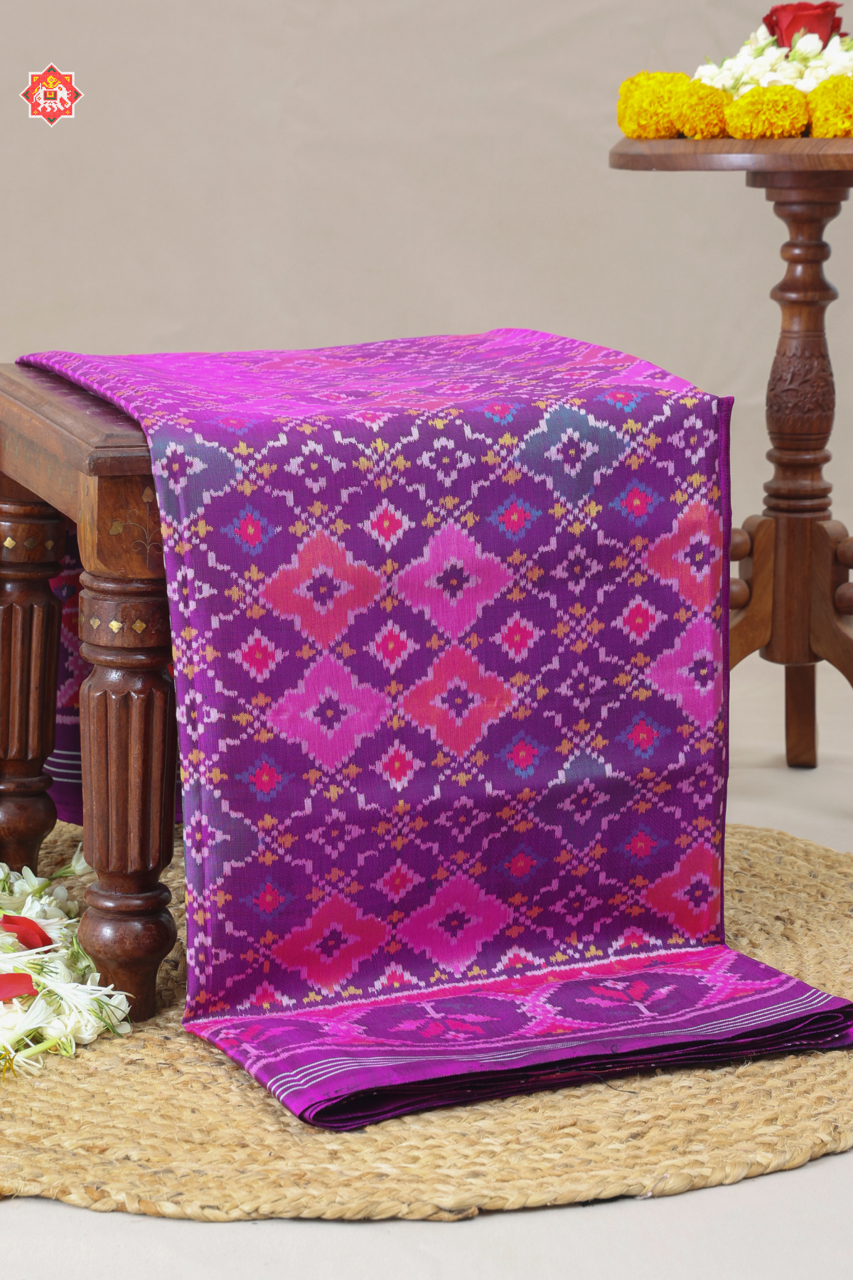 Minakari work & traditional button full design with ghughroo pallu border semi double ikat patola saree