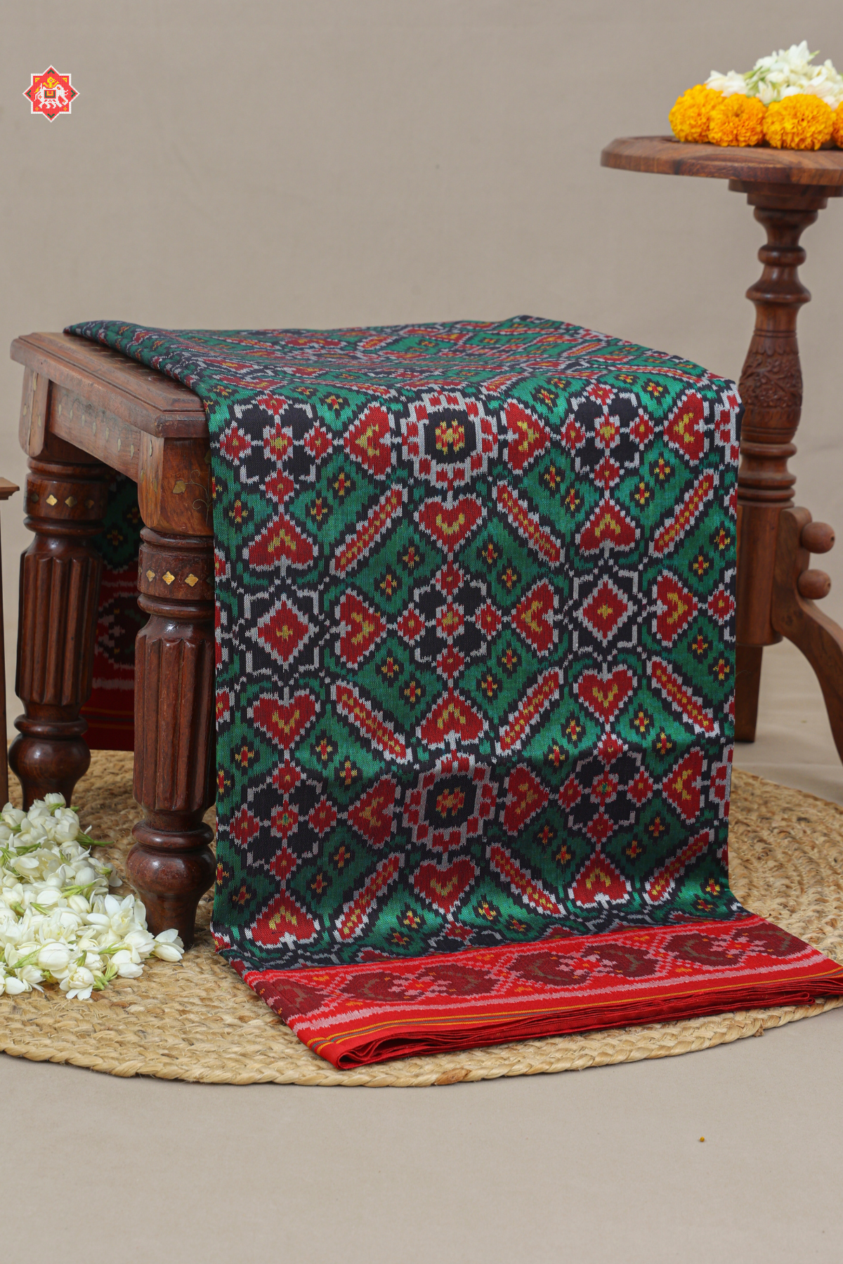 Maneck chock design minkari work with ghughroo border semi double ikat patola saree