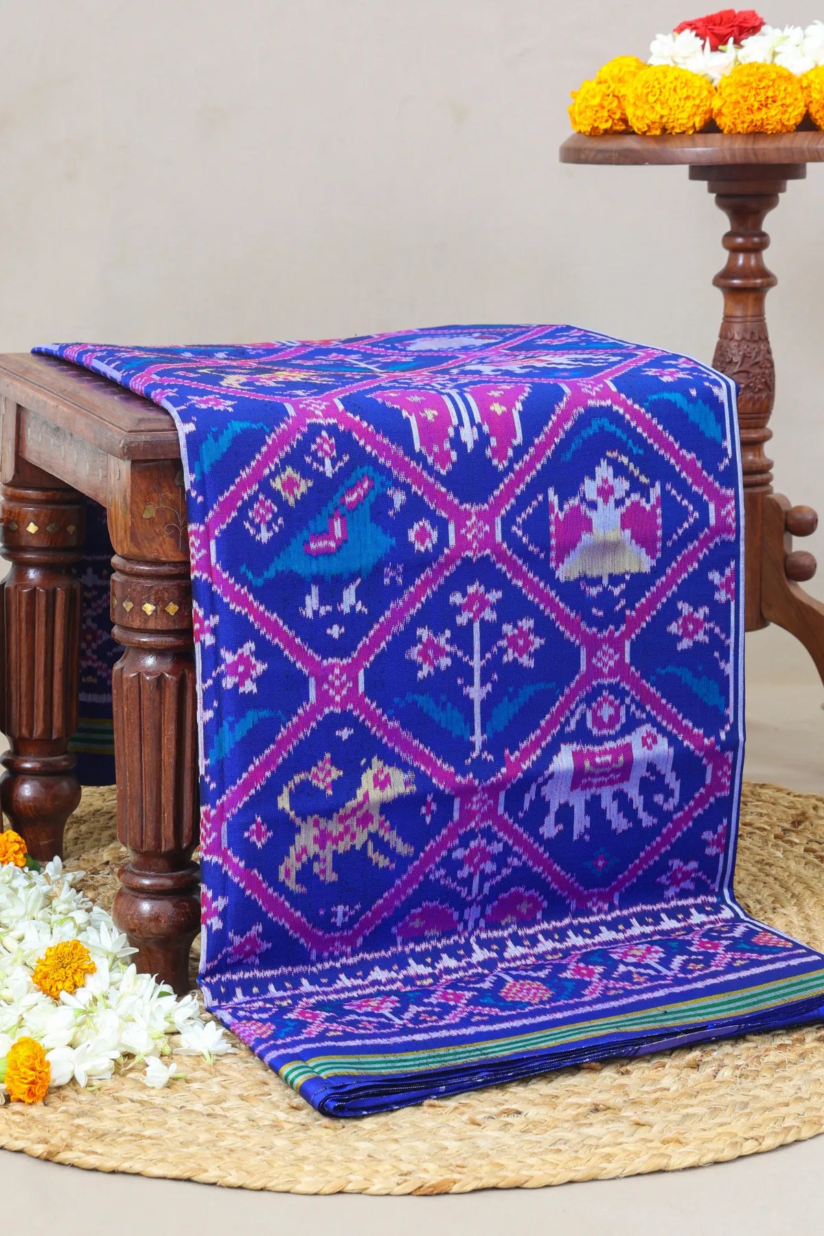 Traditional adtala design with pallu border ghughroo design semi double ikat patola saree