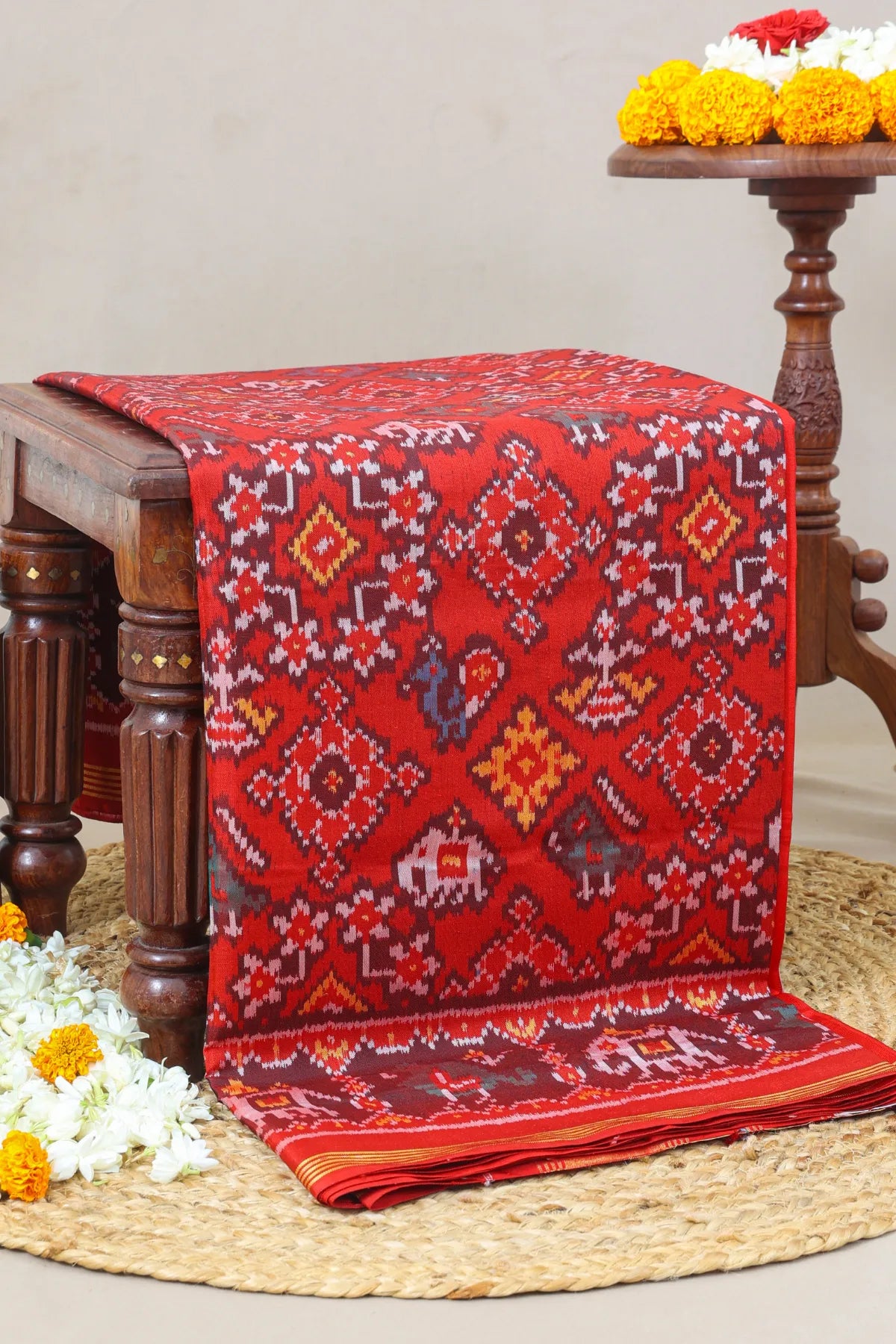 Traditional navratna with chanda design palllu border motifs design semi double ikat patola saree