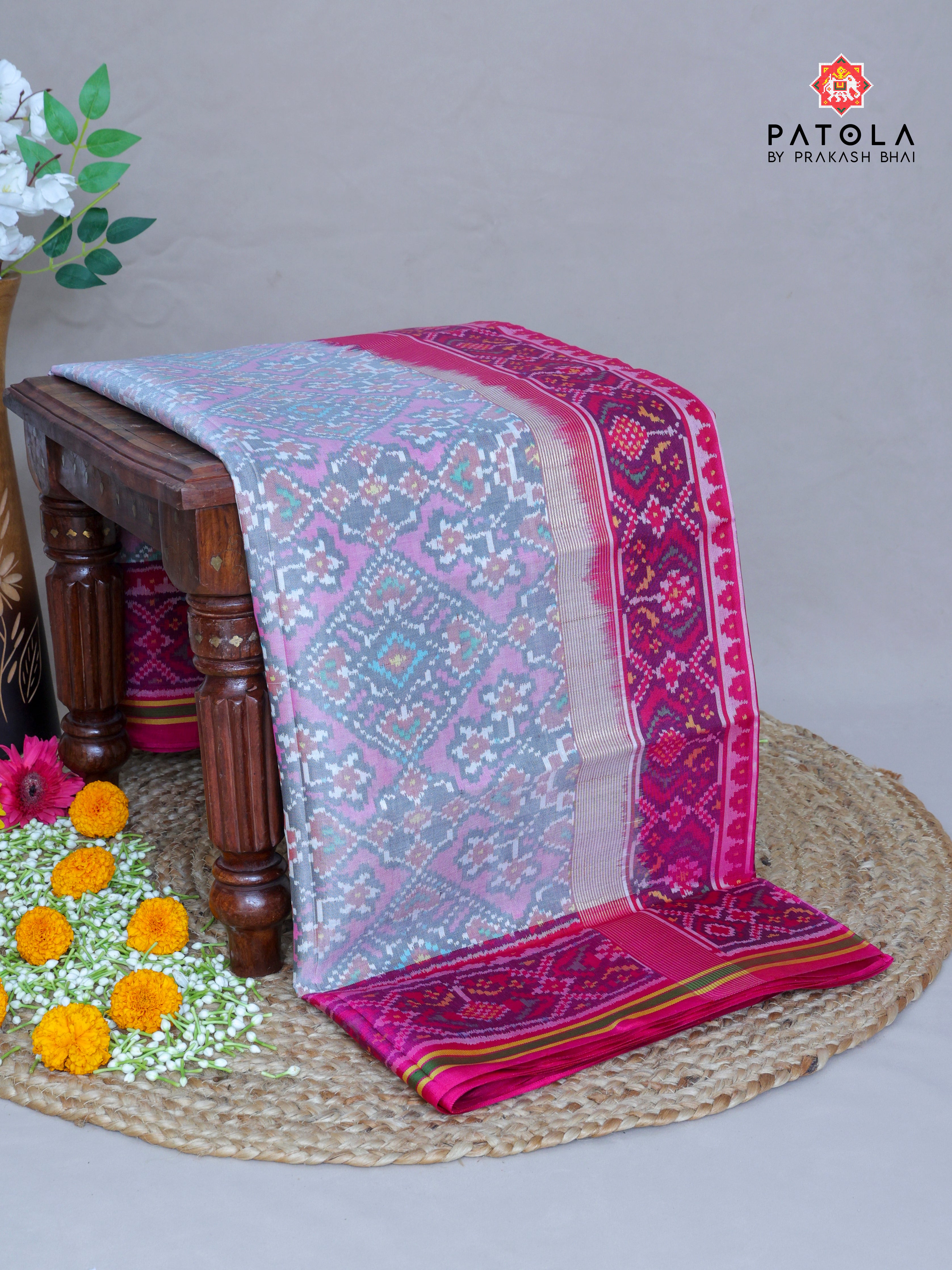 Pastel Pink Manek Chowk Navratna Mix Design Semi Double Ikat Patola Saree