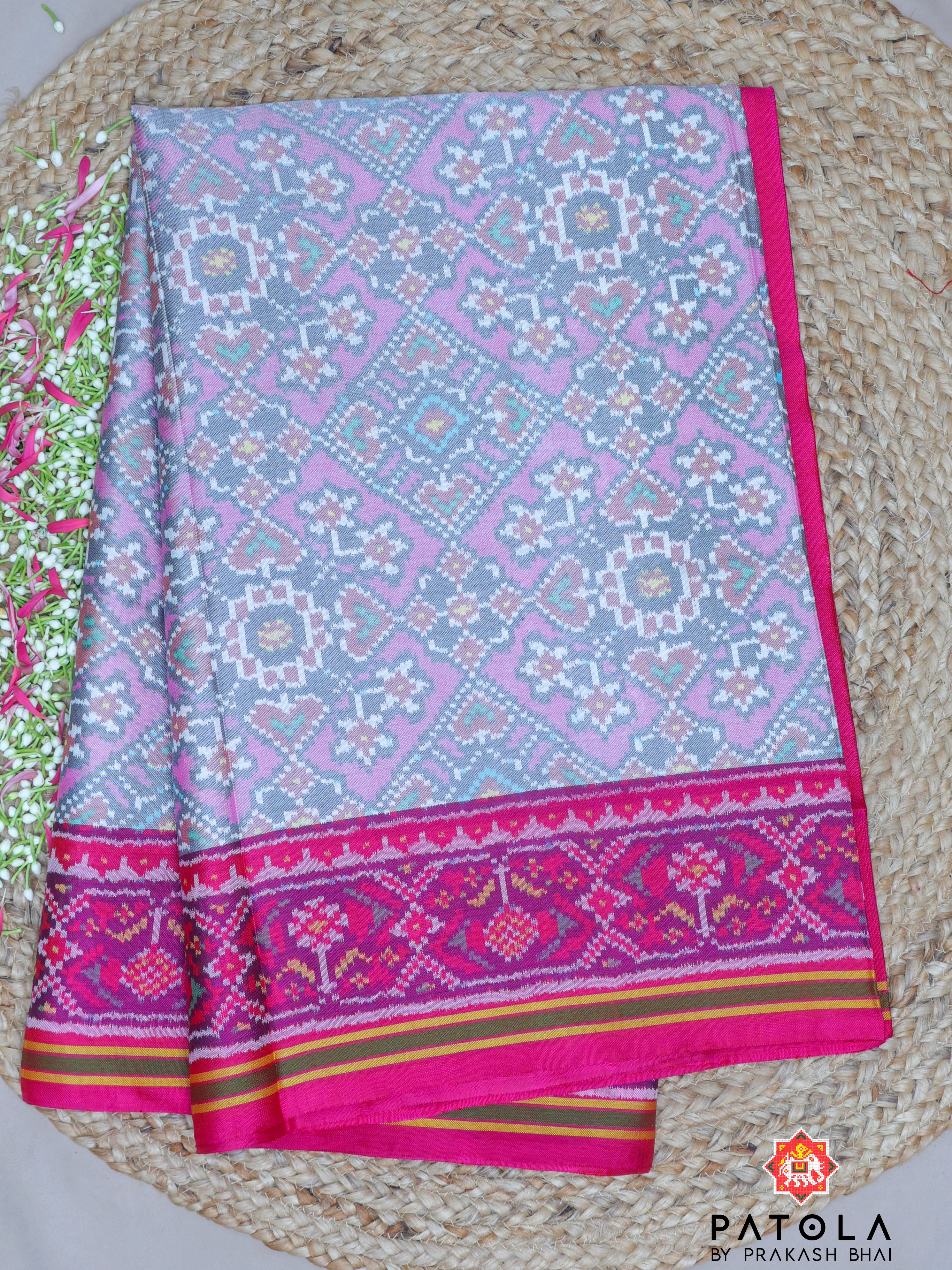 Pastel Pink Manek Chowk Navratna Mix Design Semi Double Ikat Patola Saree
