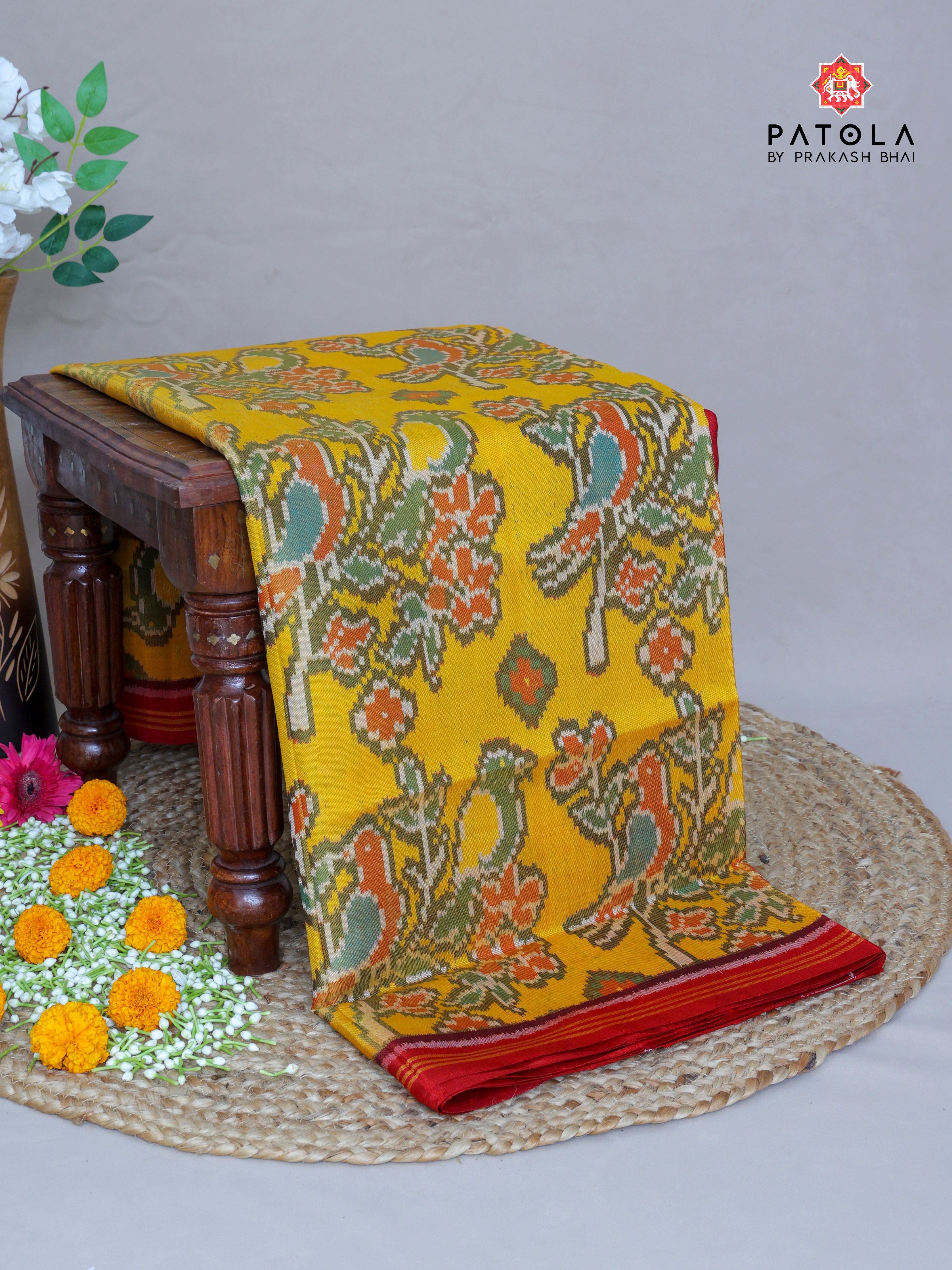 Yellow Love Birds Designer Semi Double Ikat Patola Saree