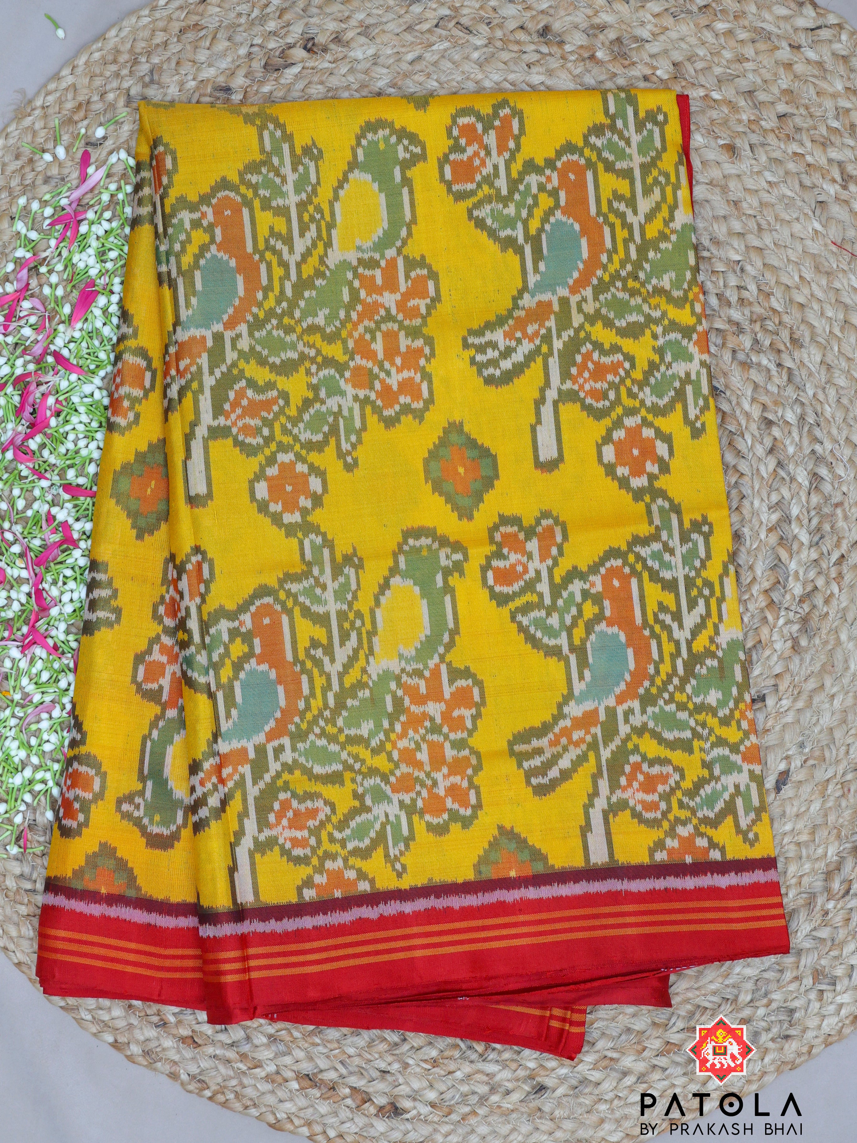 Yellow Love Birds Designer Semi Double Ikat Patola Saree
