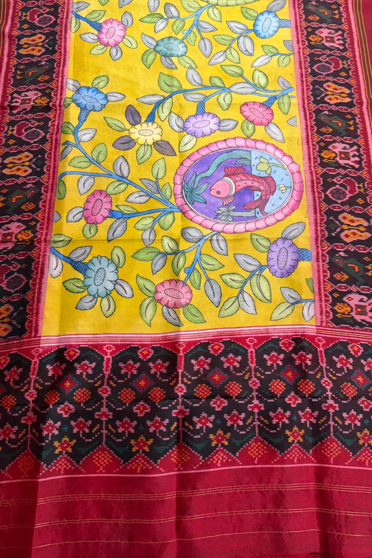 Pallu border patola design with hand pinting kalmkari work