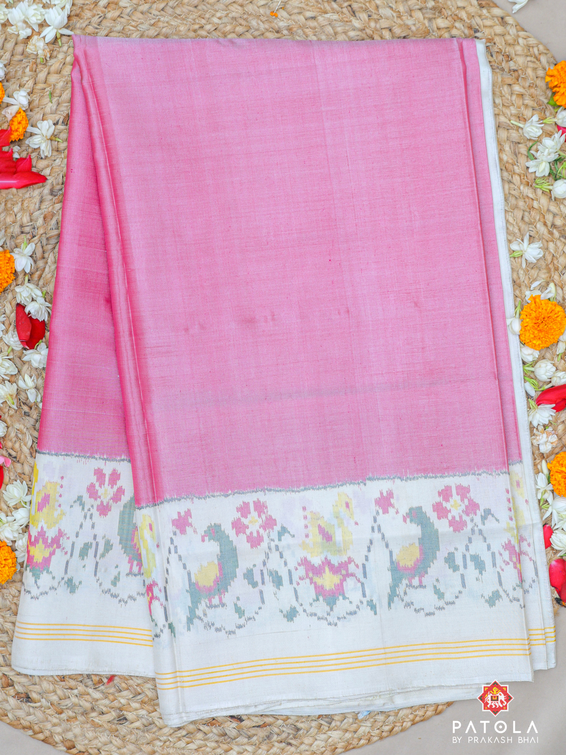 Plain Baby Pink Design With Patola Design Blouse Single Ikat Patola Saree