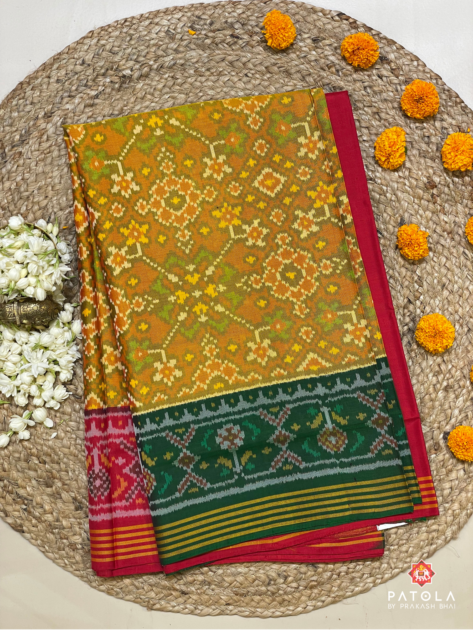 Traditional Navratna Design With Two Color Border Pallu Contrast Semi Double Ikat Saree