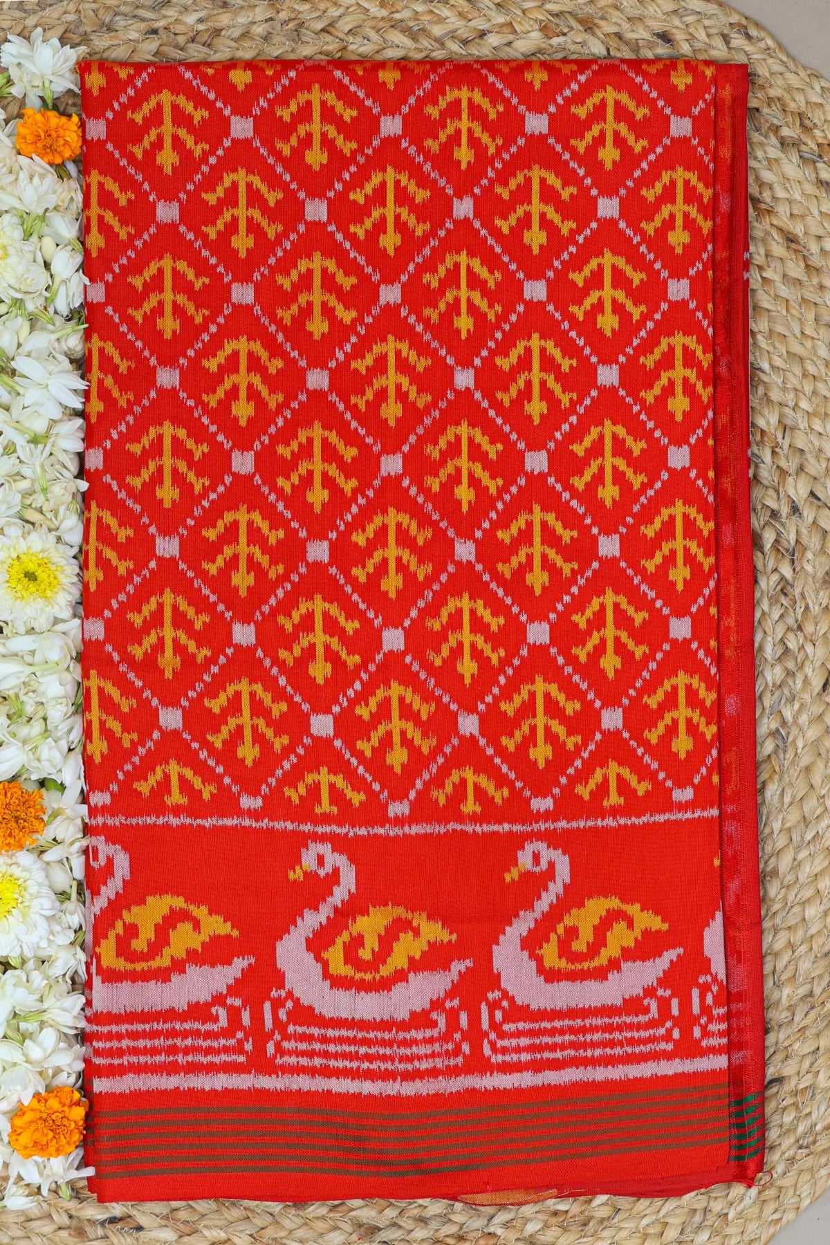 Fancy design with scut border pallu border design swan Semi double ikat patola saree