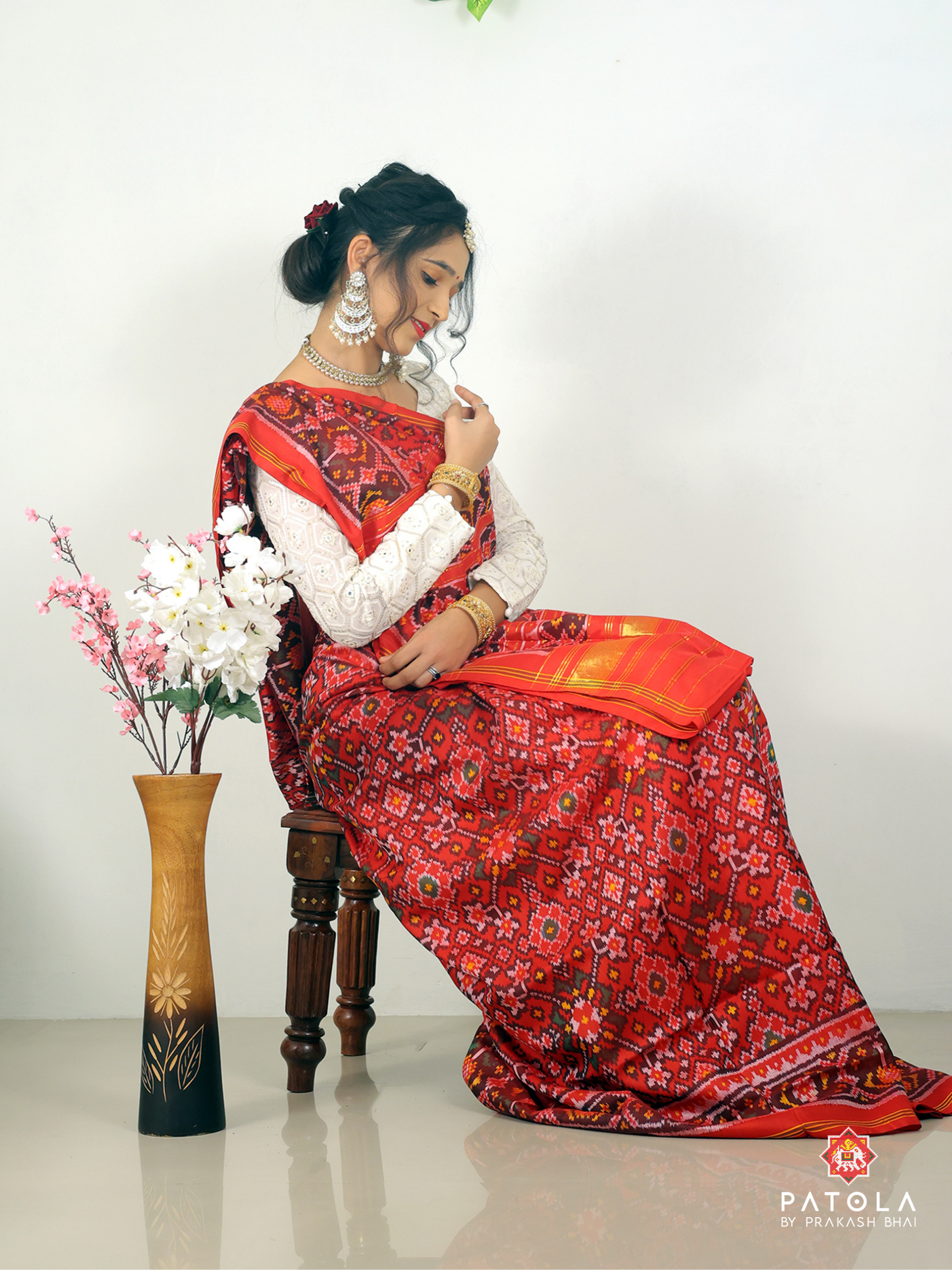 Red Navratna Designer Semi Double Ikat Patola Saree