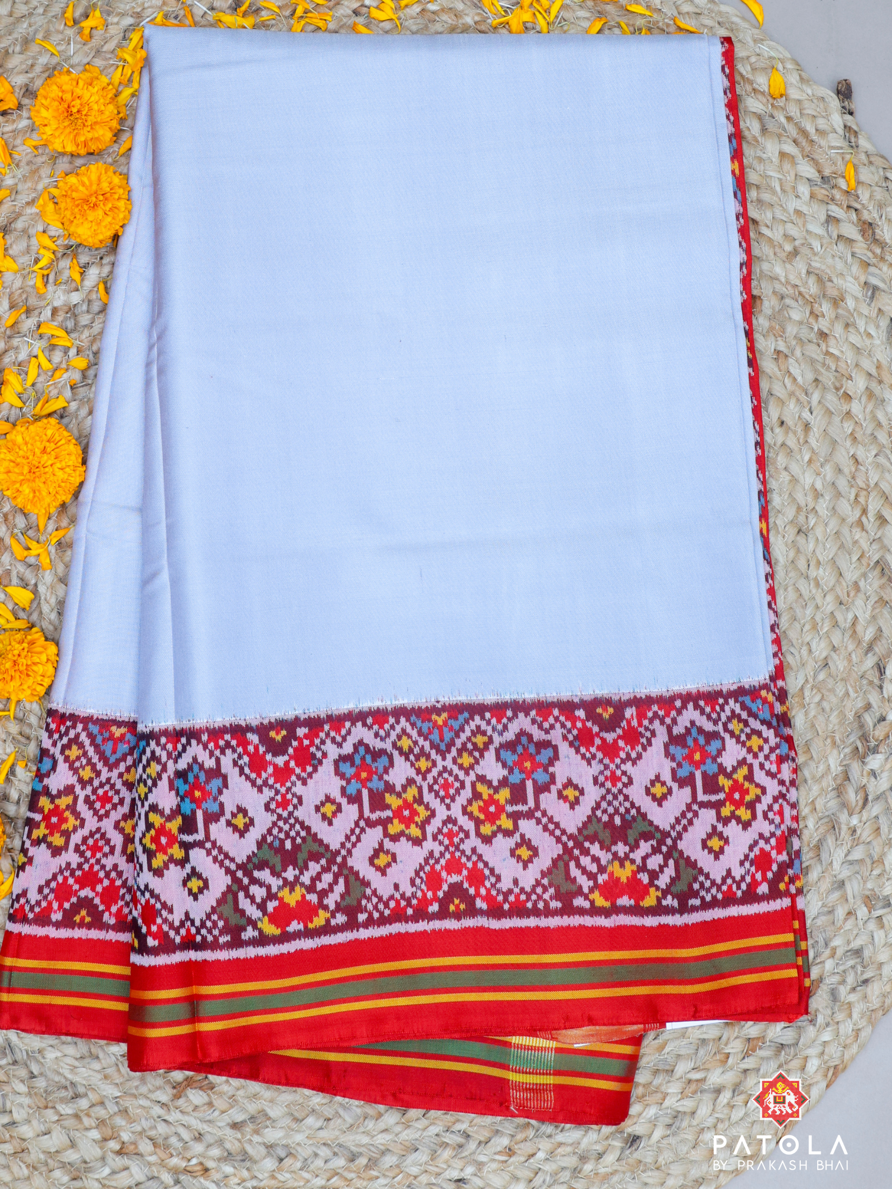 Plain Steel Gray With Patola Design Blouse Semi Double Ikat Patola Saree