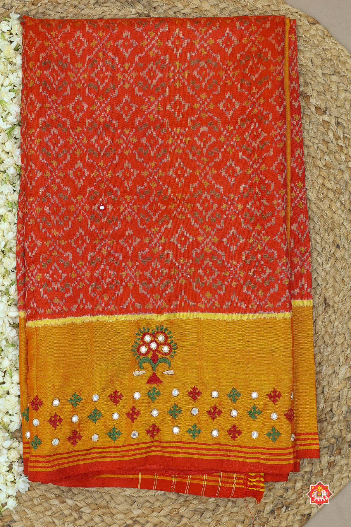 Masterpiece single ikat patola saree button full design with (kutchi work & mirror work) saree