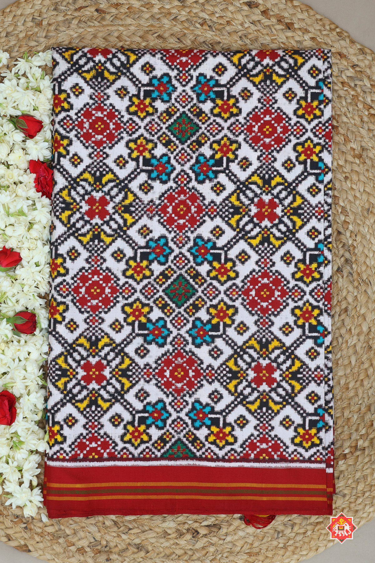 Traditional navratna design with small border pure double ikat patola saree