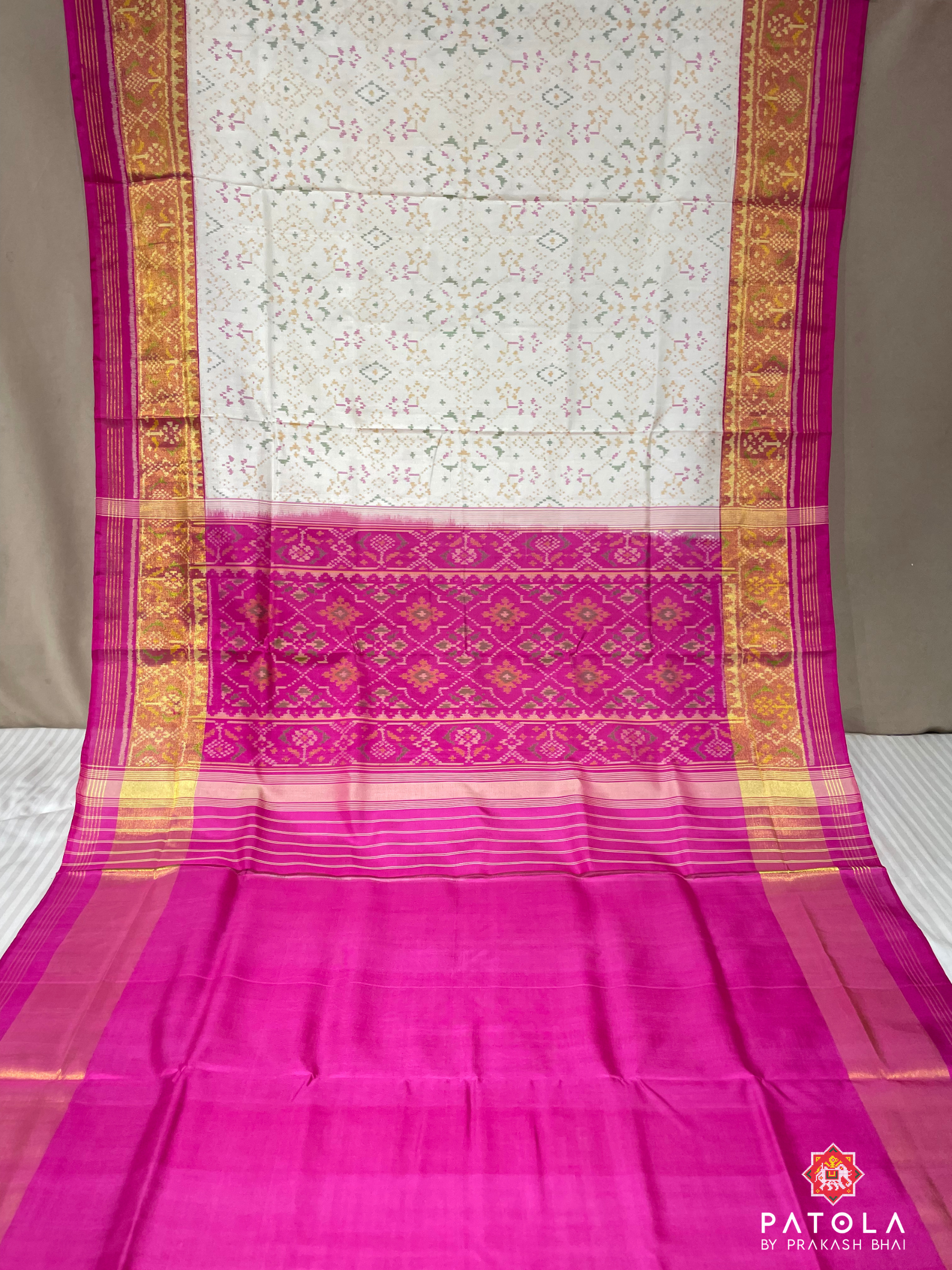 White & Pink Navratna Designer Single Ikat Patola Saree