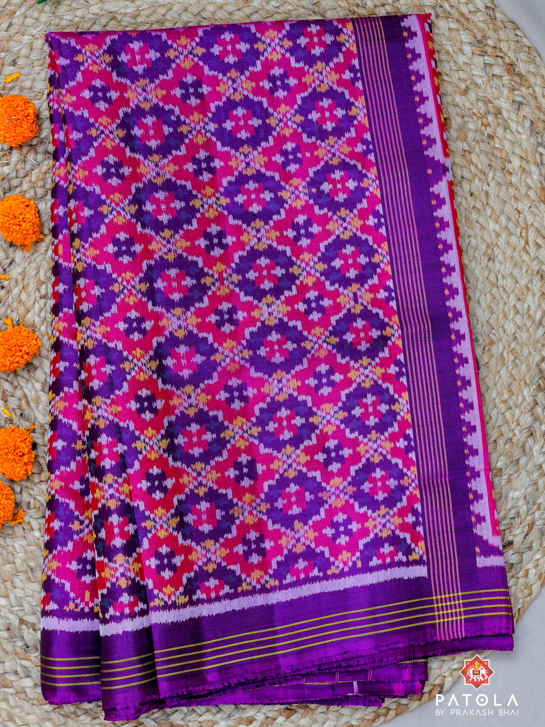 Magenta Button Phool Design Semi Double Ikat Patola Saree