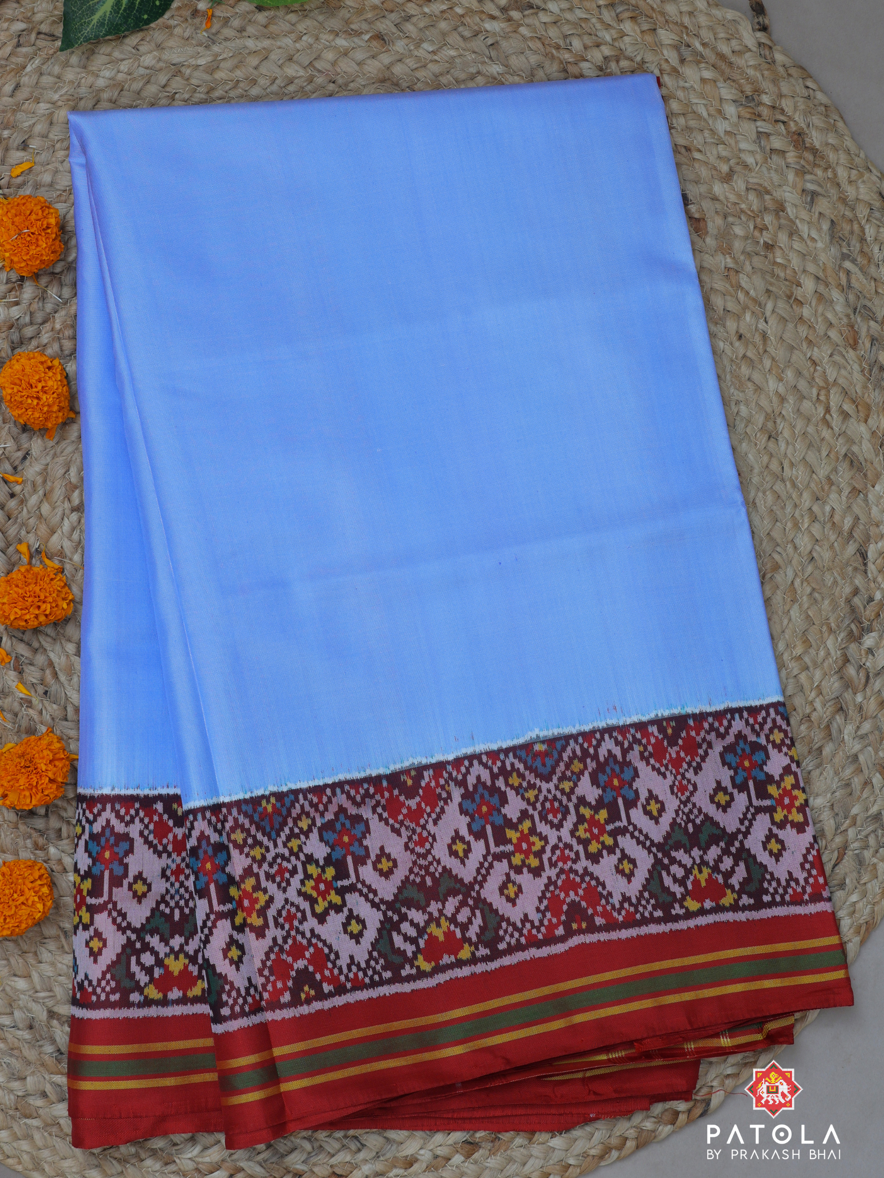Plain Sky Blue Design With Patola Design Blouse Semi Double Ikat Patola Saree