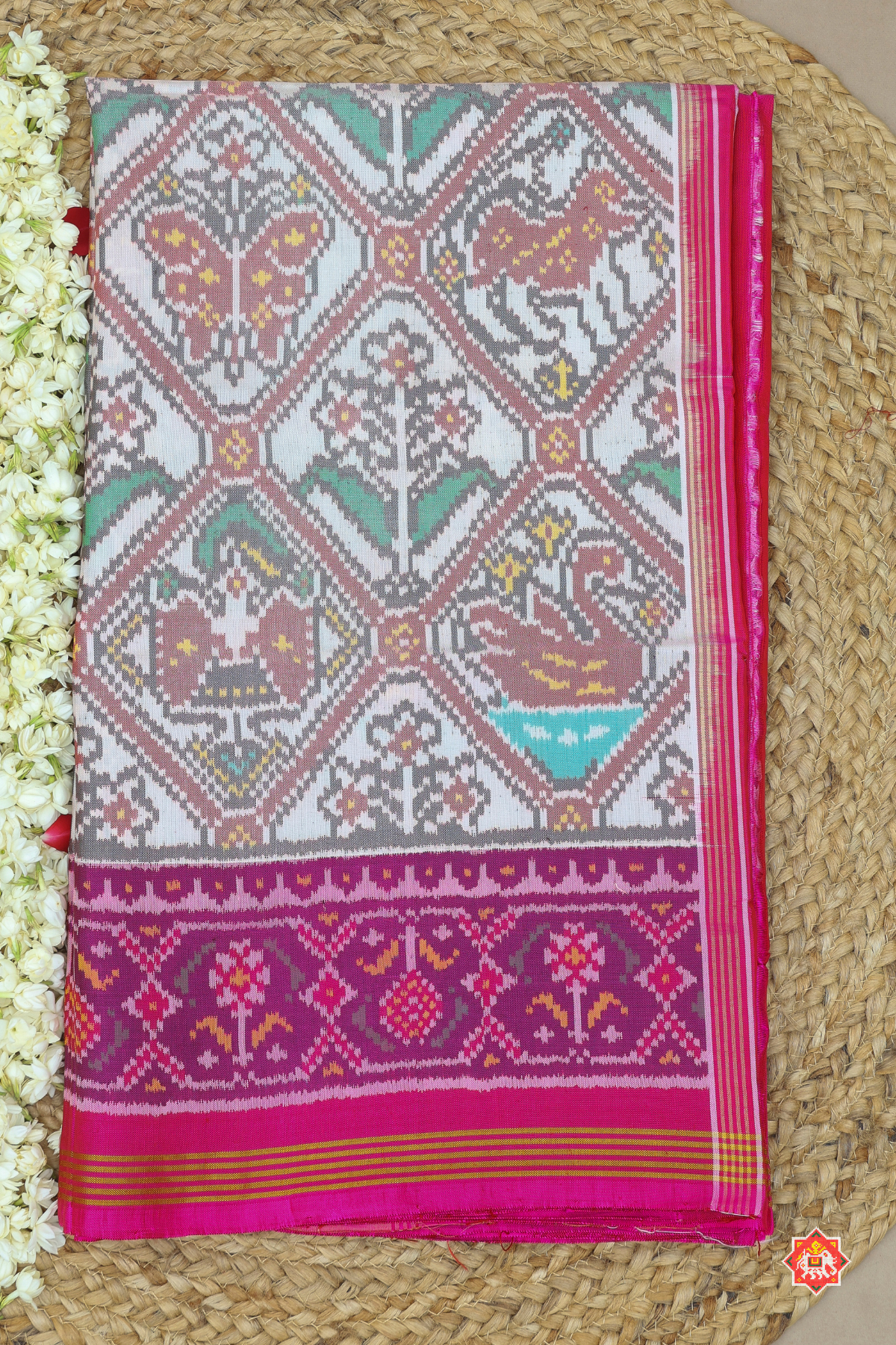 Traditional adtala design pallu border contras semi double ikat patola saree