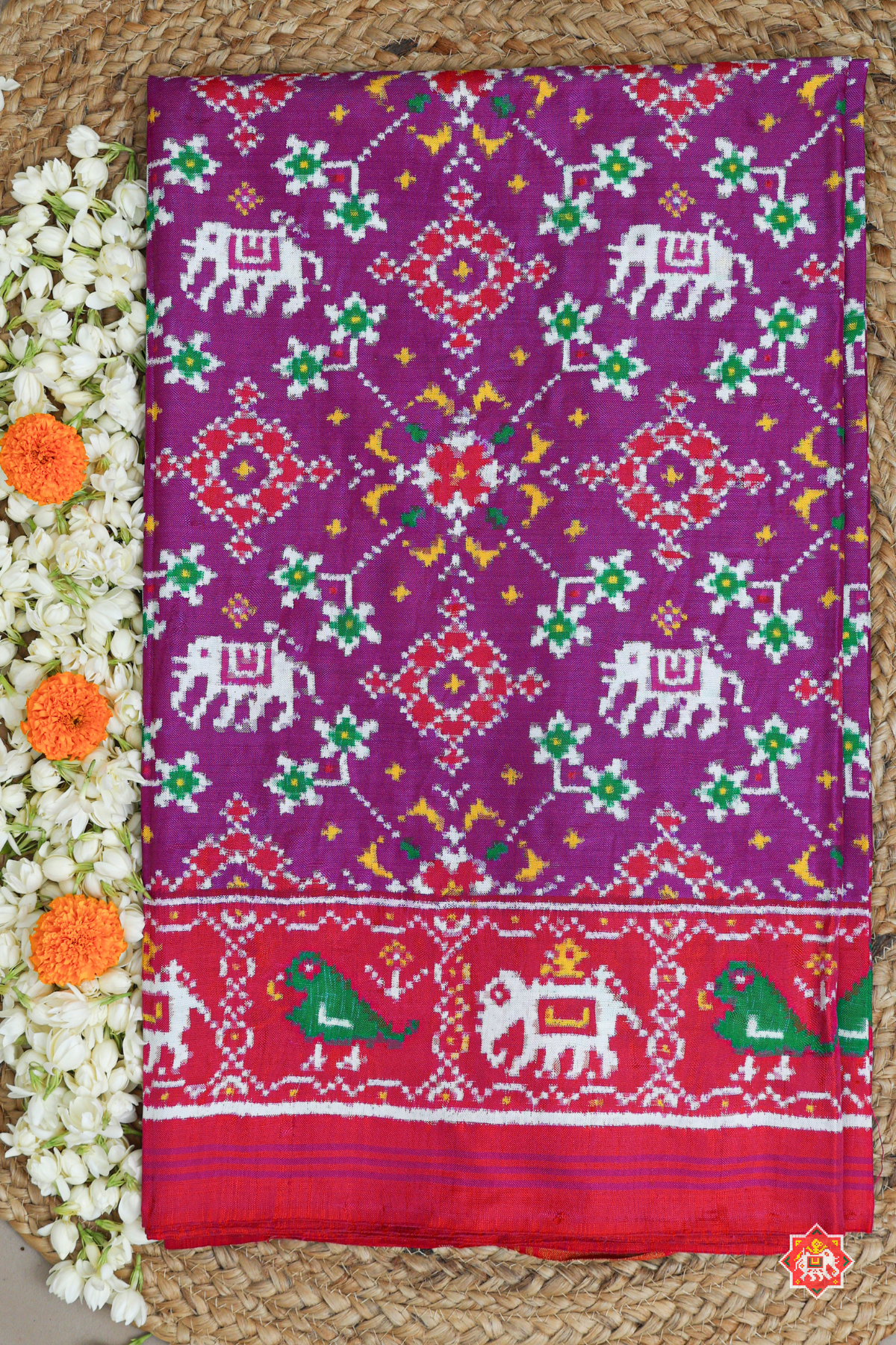 Navratna design with elephant design pure double ikat patola saree