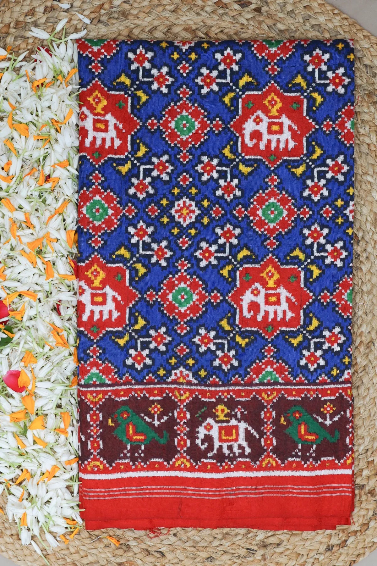 Patan patola navratna design with small elephant & traditional pallu pure double ikat patola saree