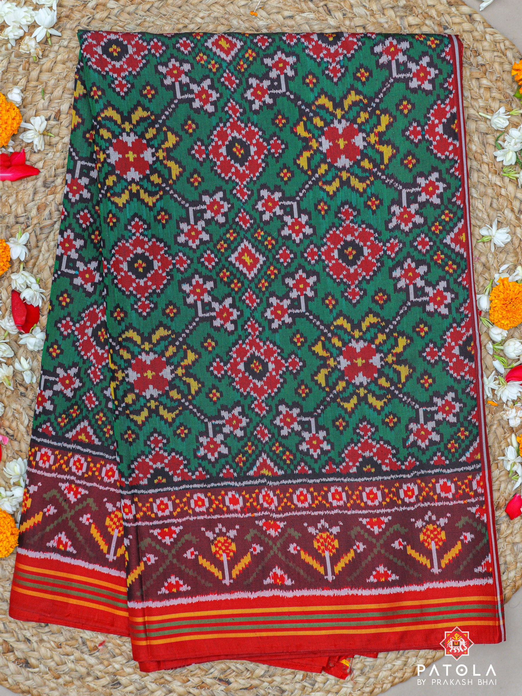 Green With Red Navratna Designer Semi Double Ikat Patola Saree