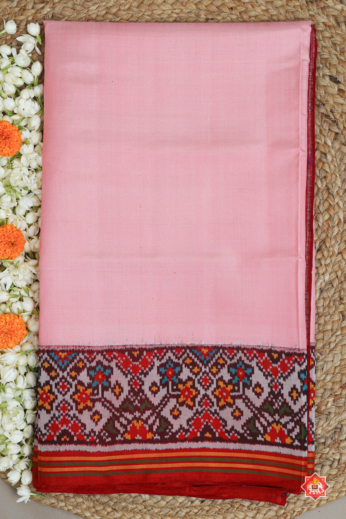 Plain strawberry pink  with navratna border semi double ikat patola saree