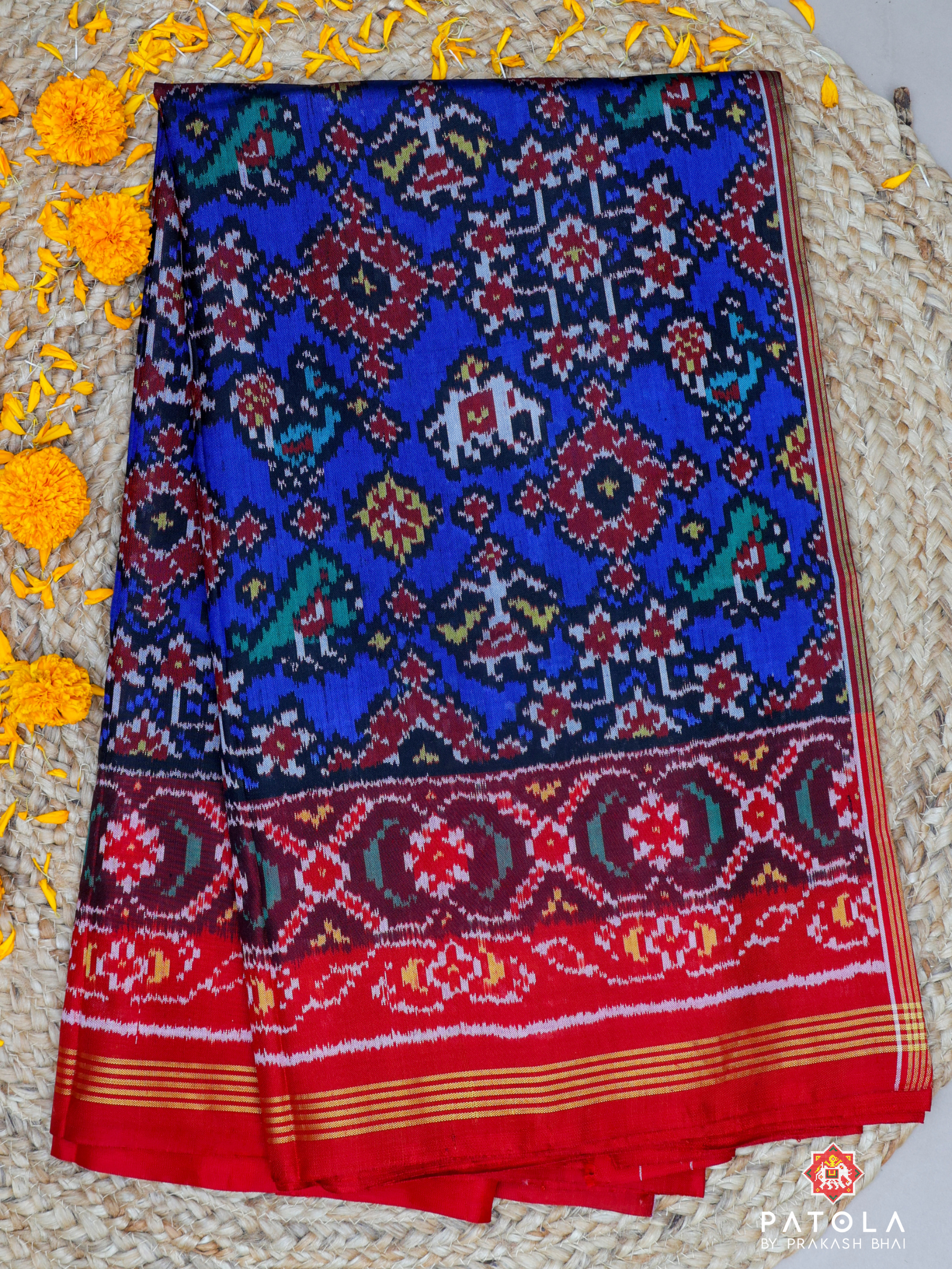 Royal Blue With Red Hathi Popat Design Semi Double Ikat Patola Saree
