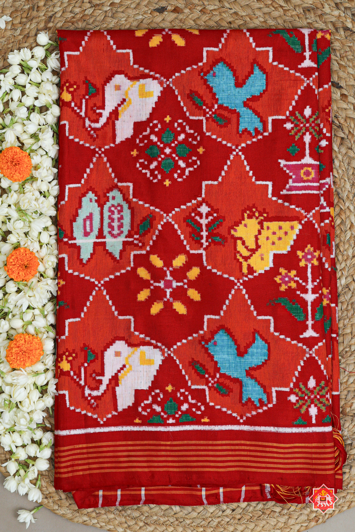 Masterpiece star &  4 motif design with small lines border pure double ikat patola saree