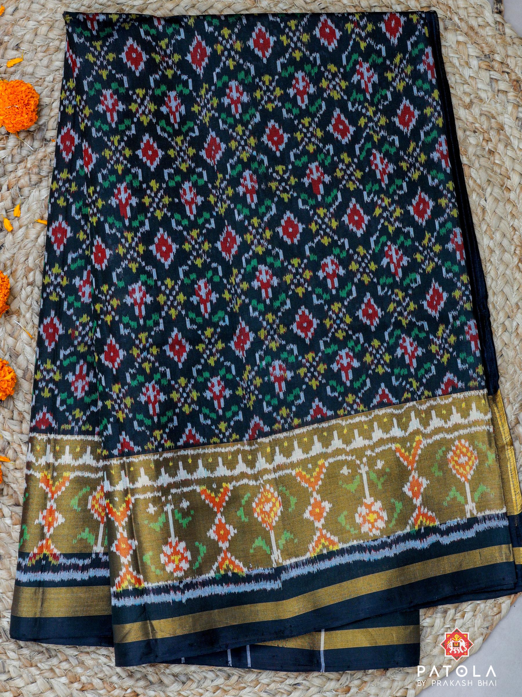 Black Button Phool With Minakari Work Single Ikat Patola Saree