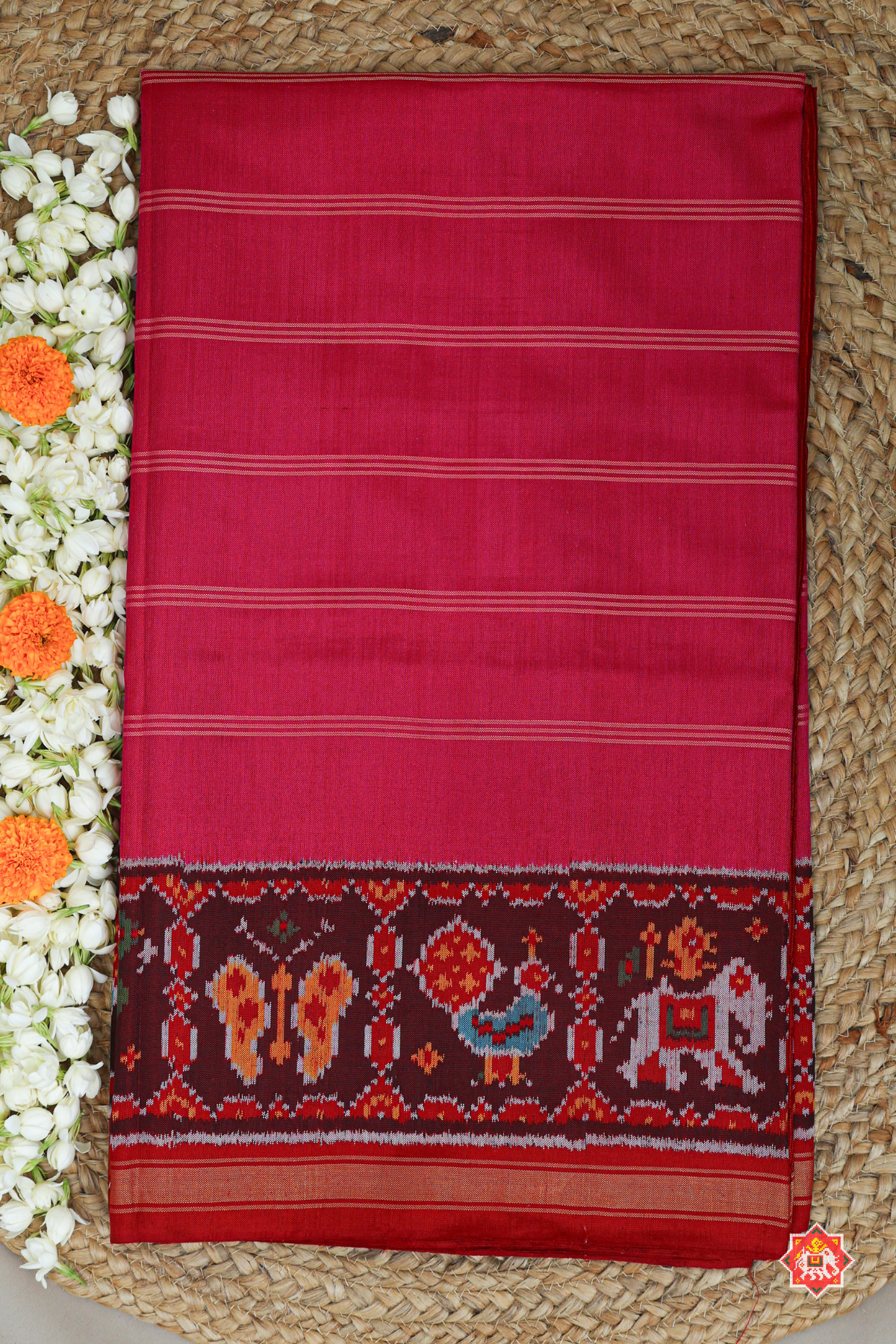 Masterpiece plain rani pink with patola tissue lines design & blouse patola design Semi double ikat patola saree