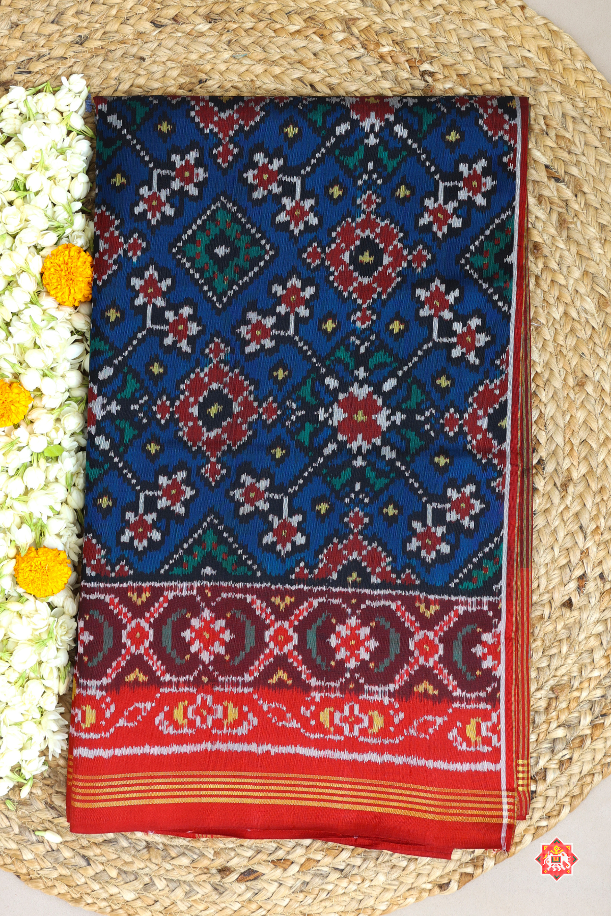 Traditional navratn design with ghughroo border  semi double ikat patola saree