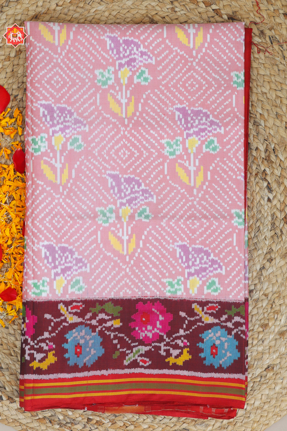 Masterpiece rose designer with contras flowers design with pallu border Semi double ikat patola saree