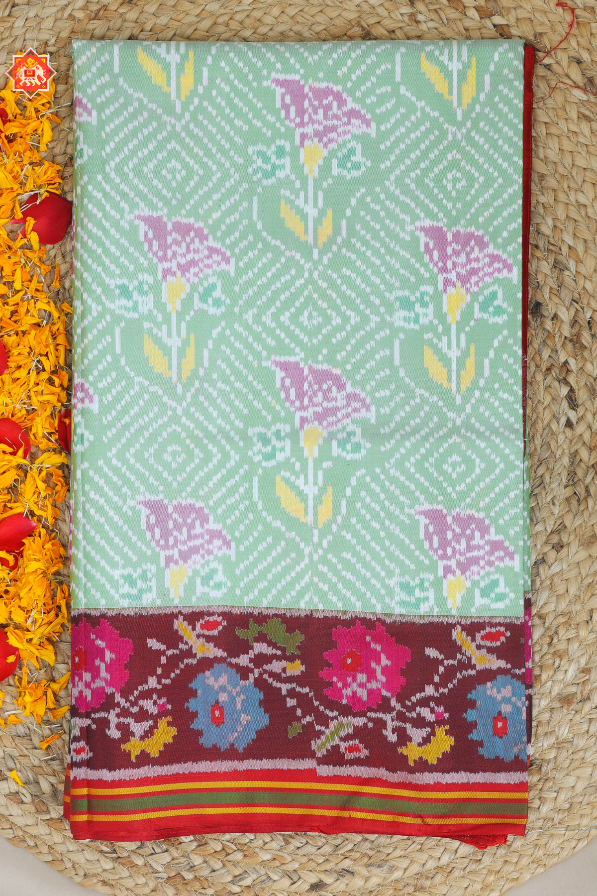 Masterpiece rose designer with contras flowers design with pallu border Semi double ikat patola saree