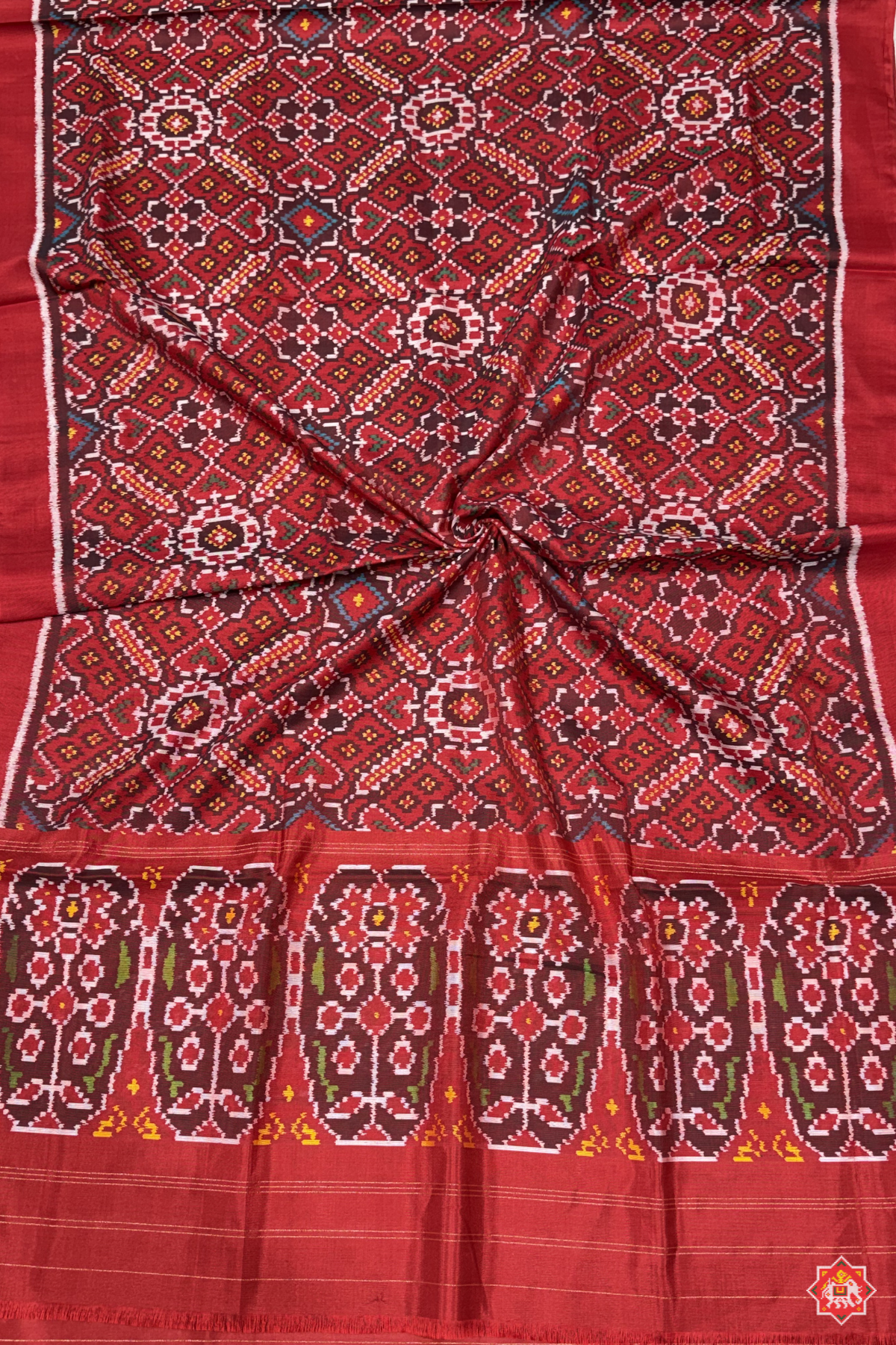 Manek chowk design with minakari work semi double ikat patola dupatta