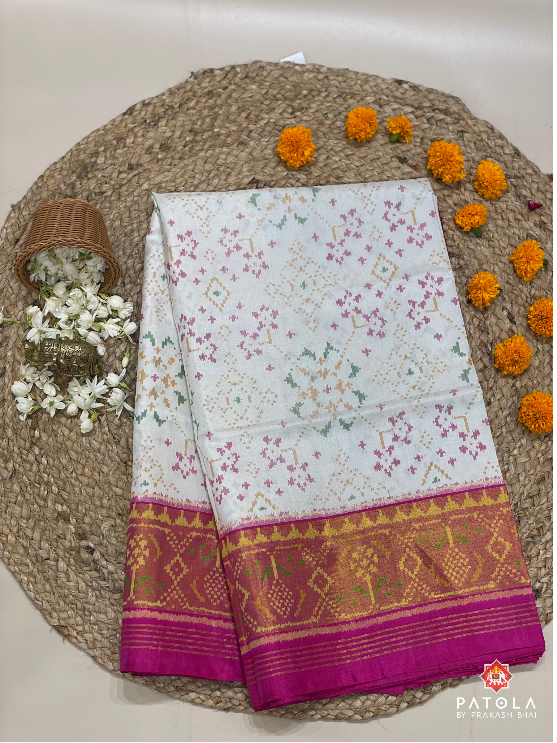 White & Pink Navratna Designer Single Ikat Patola Saree
