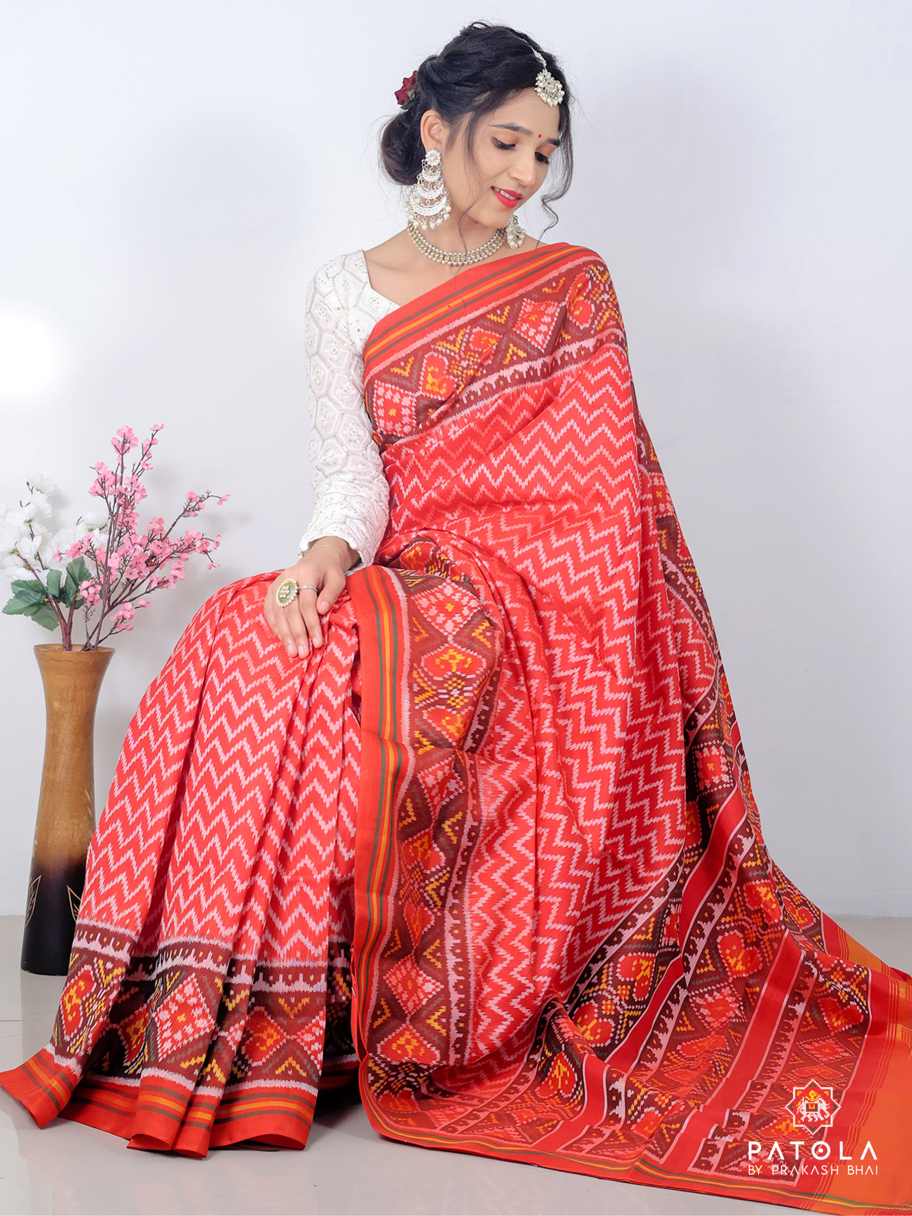 Red Zigzag Designer Semi Double Ikat Patola Saree