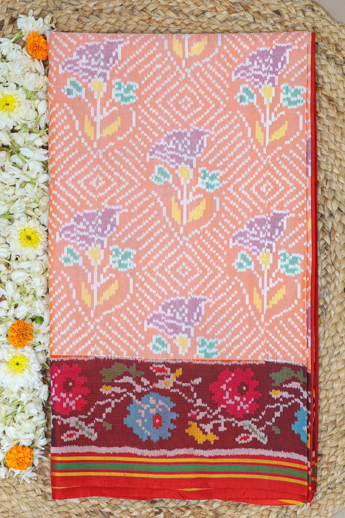 Masterpiece Rose Designer With Contras Flowers Design With Pallu Border Semi Double Ikat Patola Saree