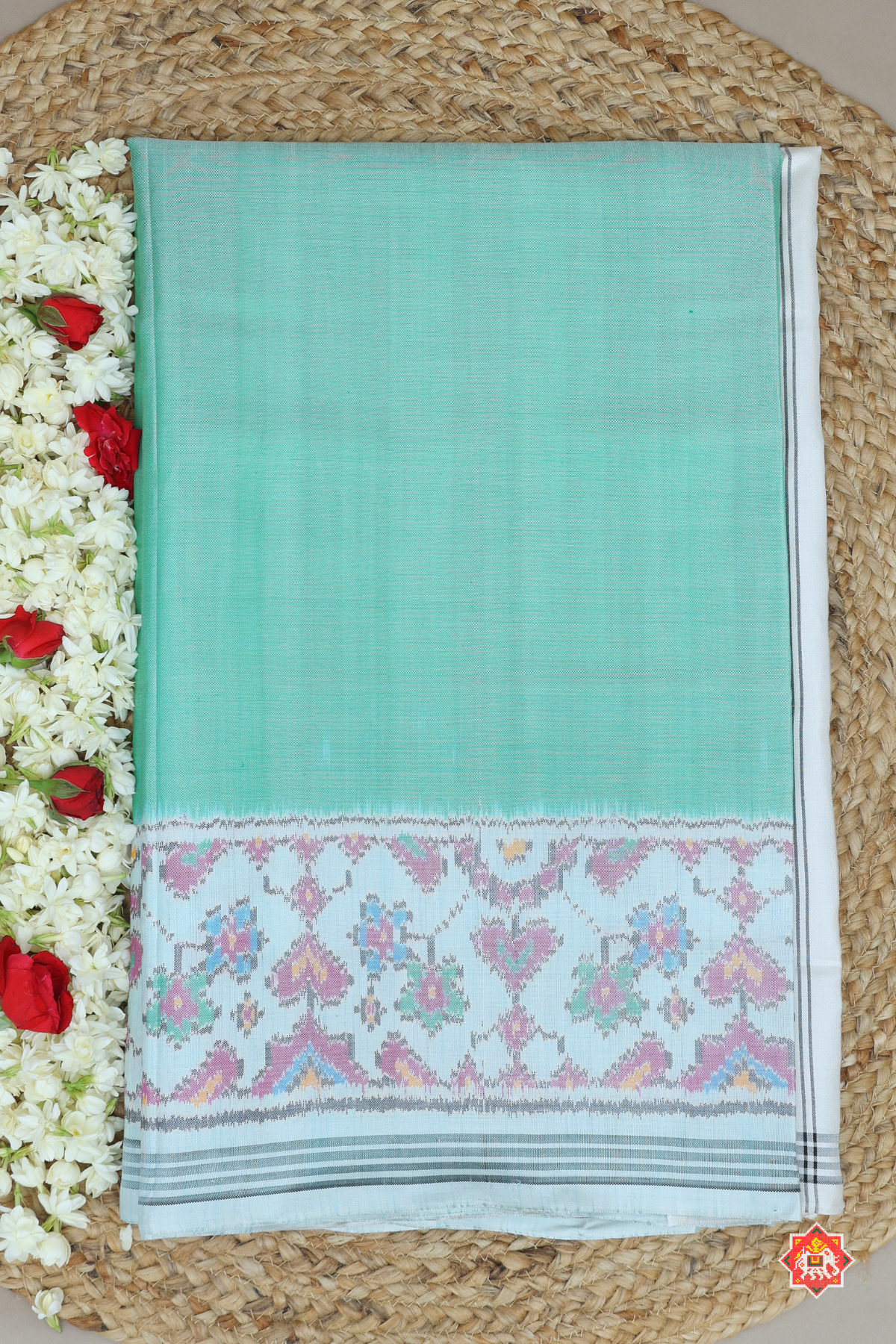 Plain pista with off-white navratna manek chowk border & blouse patola design semi double ikat patola saree